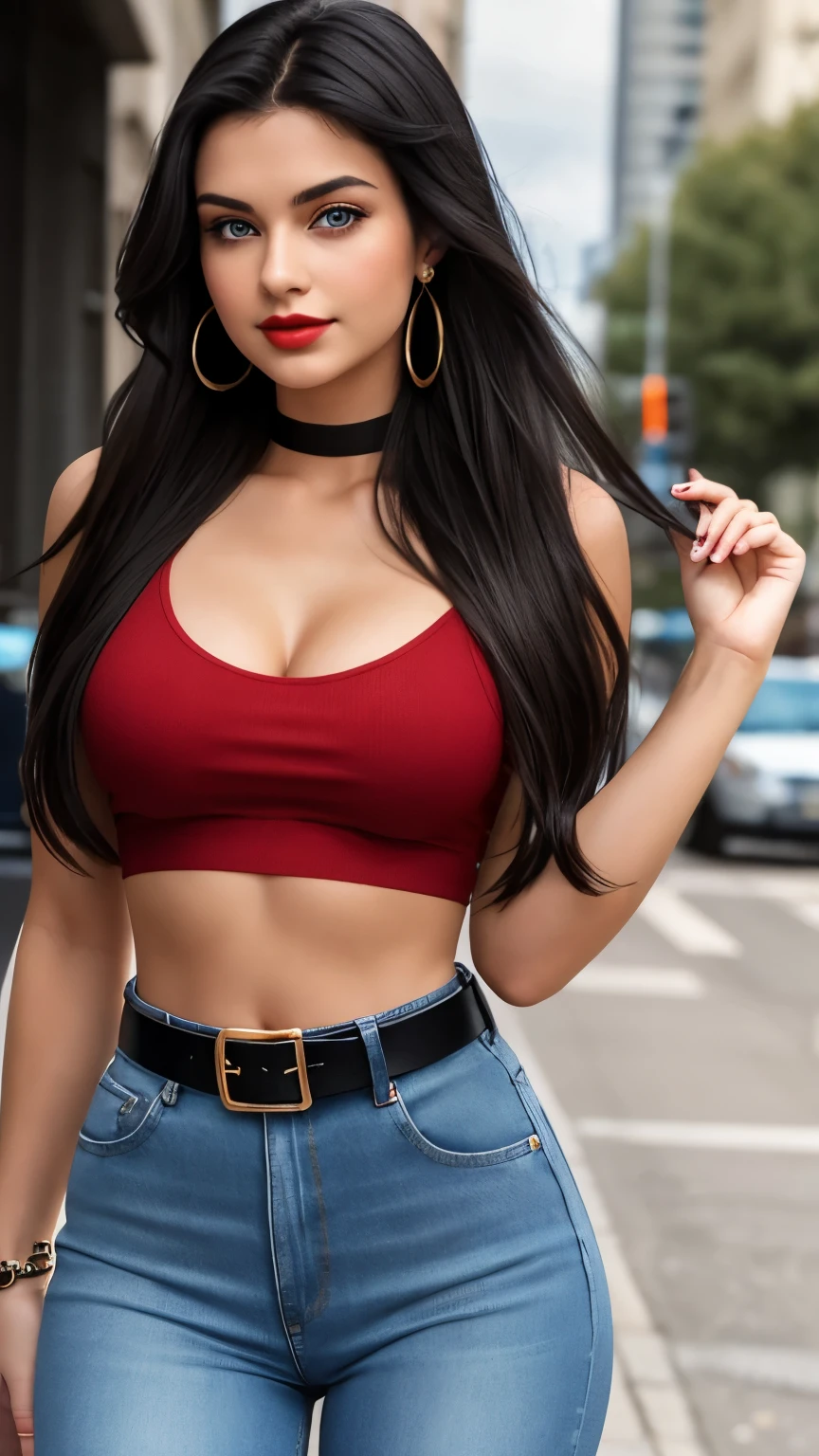 Very sexy girl, Alex Less, Detailed Lips, Detailed Eyes, detailed eyelashes, detailed face, black hair, hoop earnings, nose pressing, seduction face, ((black make-up)), red lipstick, red eye-liner, full body shot, body focus, ((wearing tank top)),(( red laced collar)), jeans, low waist jeans, Big brest nipple nice cleavage seductive poses red lips cat eyes nude