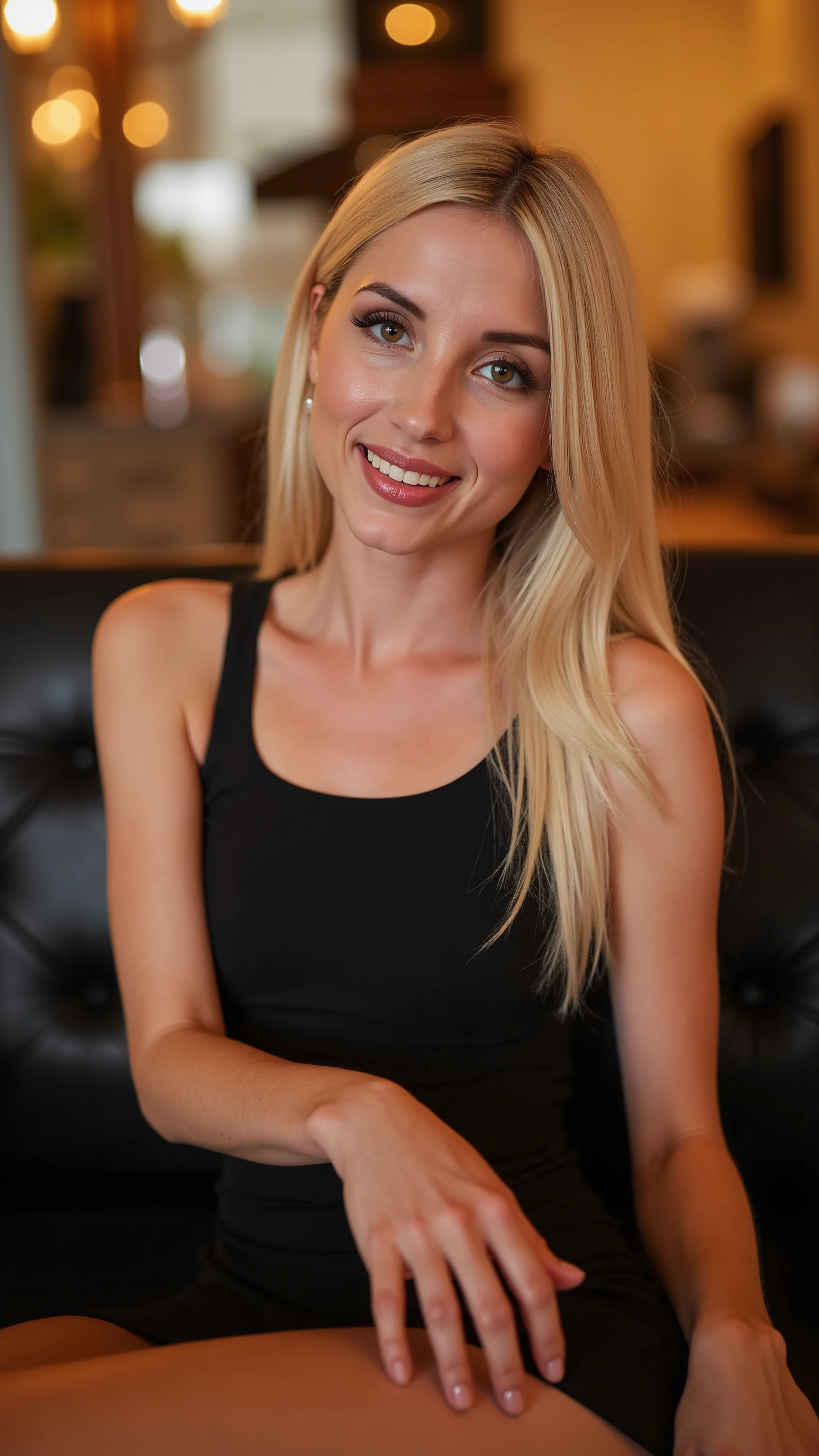 This is a beautiful  closeup photograph of a woman, she has long straight blonde hair and dark blue eyes.  Wearing a form fitting  boatneck dress,  Sitting in a cafe. Flirting at the viewer. Smile