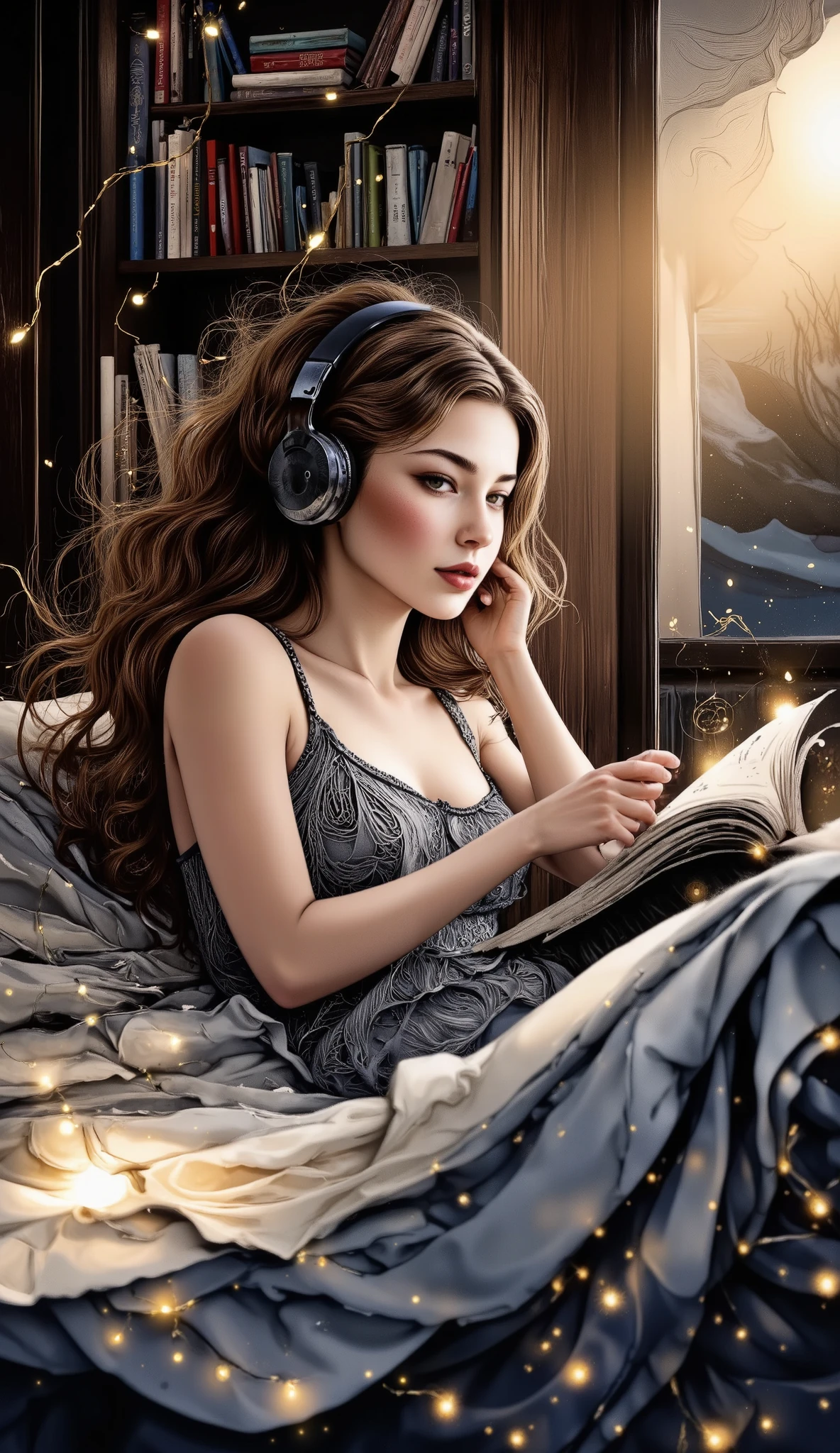 ((Low Fidelity Anime Digital Illustration Styles :1.5)), girl lying in her bed listening to music with headphones, books in bed , soft light garland , ambiente agradable y quiet, Soft and beautiful colors , magic, quiet, cozy, Chiaroscuro, cinematic lighting , Fujicolor, U high definition , Retina, masterpiece, Precise, Anatomically correct , makeup, super detail , Tall details , high quality, awarded , envelopes , highres, 1080P, high definition , 16K