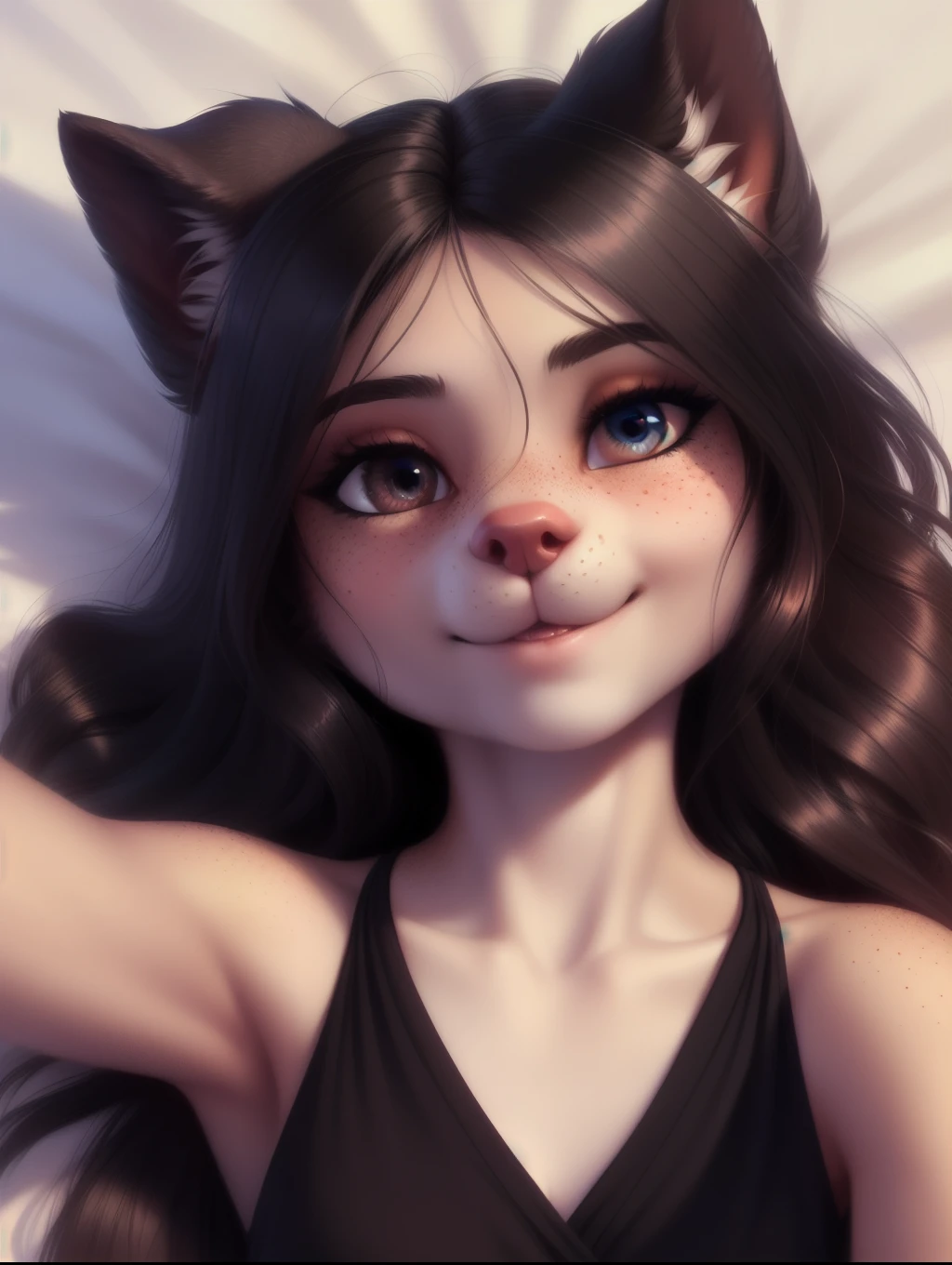 beautiful and detailed upper body portrait , ((young 13 year old anthro domistic canine, tight bodycon black dress)), anatomically correct, Schlank, Hochgeladen E621, detailed flauschige fur, (von Fluff-Kevlar, Iskra, personalami, Pino Daeni), 1girl, adorable, bedroll , 1girl, realistic, ultra sharp image, view from above, (solo), highly detailed, first person view, masterpiece, (lying on her back), flat chest, medium length hair, dark messy hair, perfect eyes, absurd resolution, cute snout, eyelashes, (kissy face), (Kissing mouth), young girl, detailed facial features, sharp focus, selfie, ((full body 1:2)),  fluffy tail, blushing, lewd, 