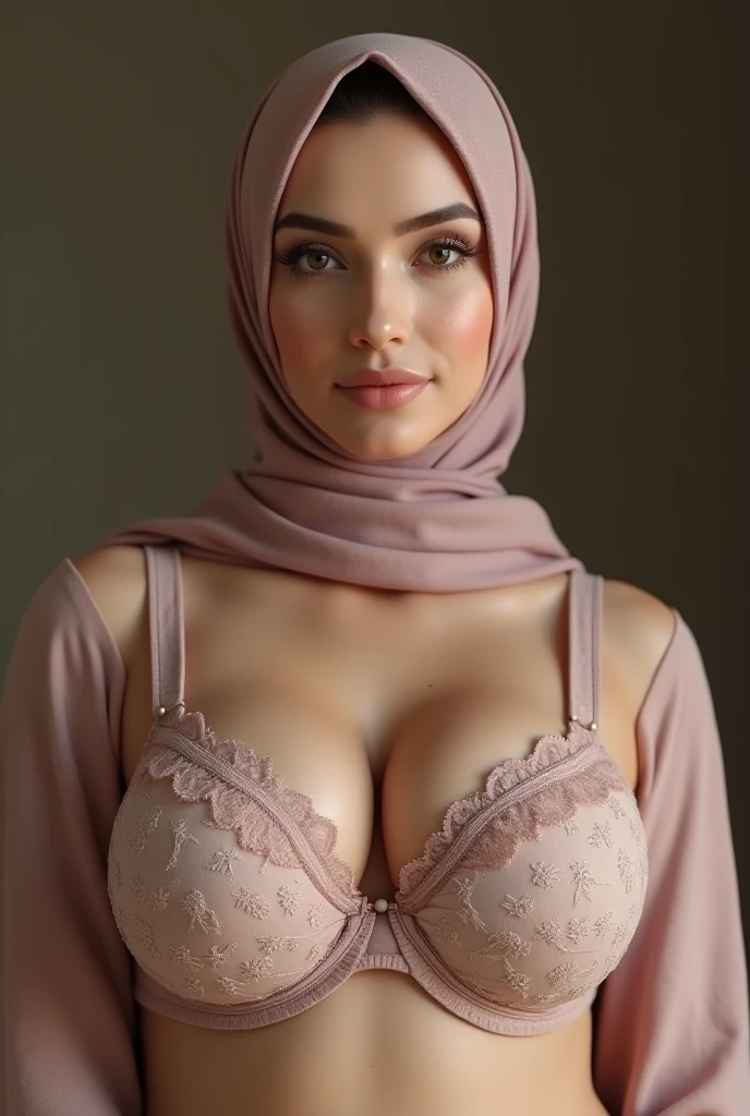 (Big D breast), sexy breast, big cleavage, (hijab), open clothes, sexy bra, real skin, realistic skin, real breast, realistic breast, detailed skin features, detailed clothes features, body proportions, perfect body, real face, detailed facial features, beautiful eyes, grey eyes, detailed eyes, gloss on lips, detailed face and breast, best quality, masterpiece, 8k, ultra detailed