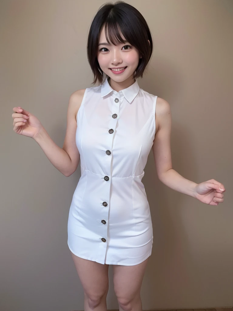 Highest quality、masterpiece、8k、Very detailed、Realistic、Looking at me with a smile、whole body、Black Hair、Short Hair、Small face、Slender、Big Breasts、Thin and beautiful legs、narrow and constricted waist,、A tight sleeveless dress with buttons and a collar、All buttons on the shirt are closed