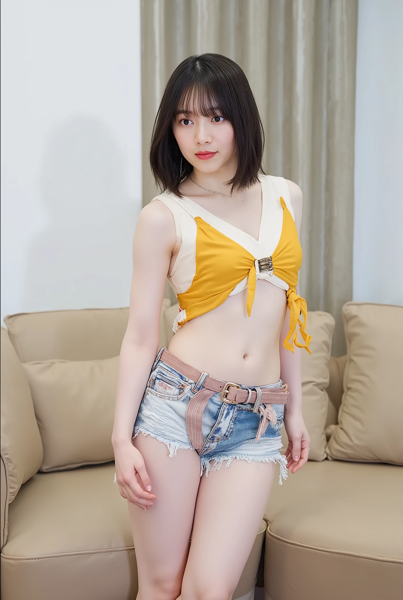 Top quality,8,masterpiece,, super high resolution,(photorealistic:1.4),Original photo, 1 girl, dark brown hair, medium length with dark brown hair, healthy tanned skin, wet body, drama, full body visible,(making up, legs open:1.2),wearing bikini with cute pattern,((wearing chrome yellow sexy micro bikini top, distressed micro denim shorts))), model with attractive body, bikini model, swimsuit model, female model, floral swimsuit, young swimsuit model, shiny plastic bikini, Japanese model,(shiny spandex separate costume,thong,pan bra,)pee bikini,, attractive body, Wet swimsuit, sexy young woman