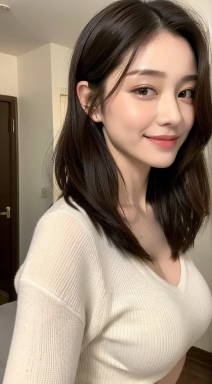 ((Best quality, 8k, Masterpiece :1.3)), 1girl, beautiful woman with emphasis on slim abs: 1.3, (casual hairstyle, big breasts: 1.2), casual wear: 1.2, interior, ultra-detailed face, delicate eyes, double eyelids, soft breasts, smile, exposed cleavage
