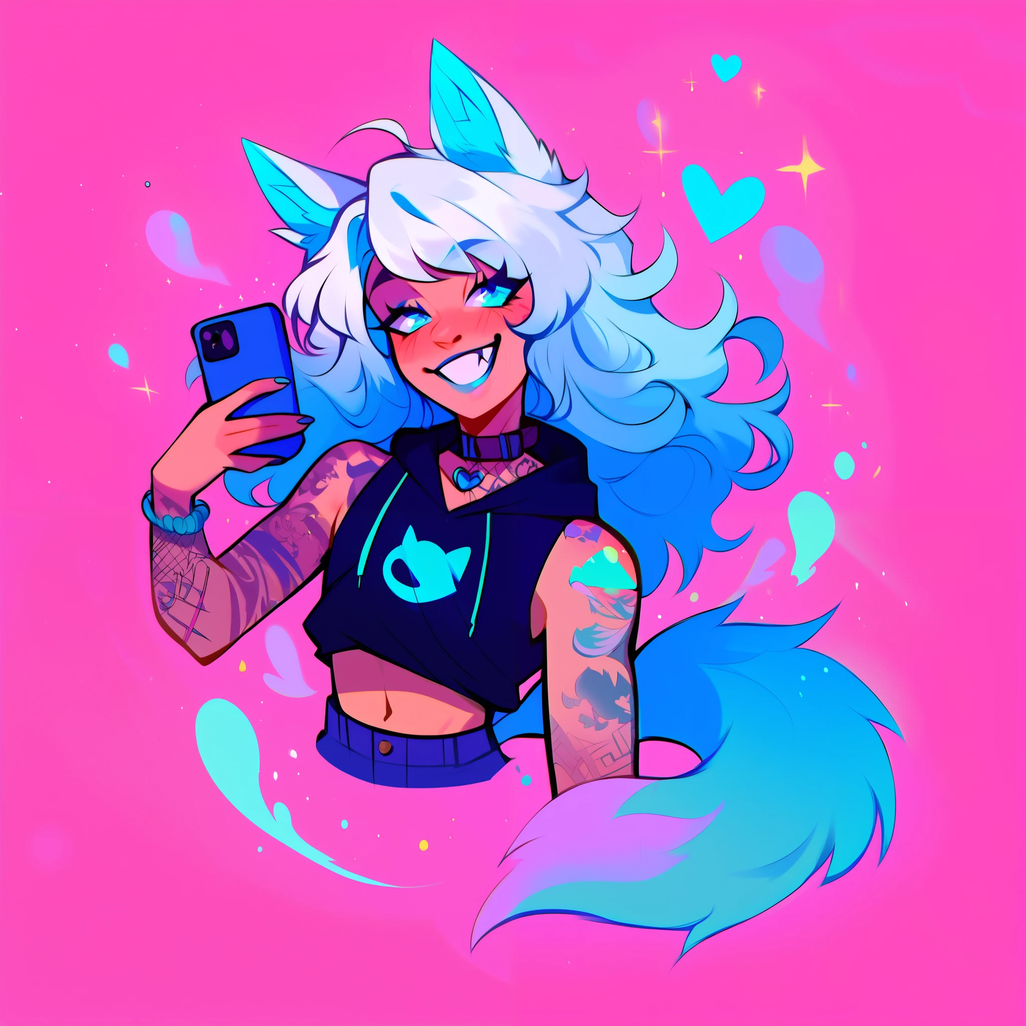score_9, score_8_up, score_7_up, score_6_up, score_5_up, score_4_up, did vaporwave style, a male femboy with very long wavy white hair with blue highlights, has big fluffy wolf ears, has a wolf tail, wearing a thick brown collar with a heart hanging from it, wearing a sleeveless cropped black hoodie with something cute on it, wearing denim short shorts, has blushy cheeks, has blue lipstick on, has tattoos, wearing fishnet stockings, smiling, showing wolf canine teeth, glowing blue eyes, bubbles, floating hearts, shown from the waist up, showing upper body, showing arm tattoos, taking selfie, full body, UV Lights