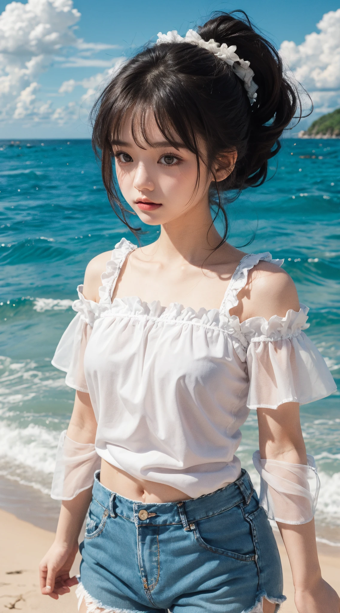 photorealisti,ultra-detailed,japanese pretty woman, 1girl, slender abs :1.1, dark brown hair, ultra-detailed face, highly detailed lips, detailed eyes, double eyelid, white panty, spread legs, white bra, smile