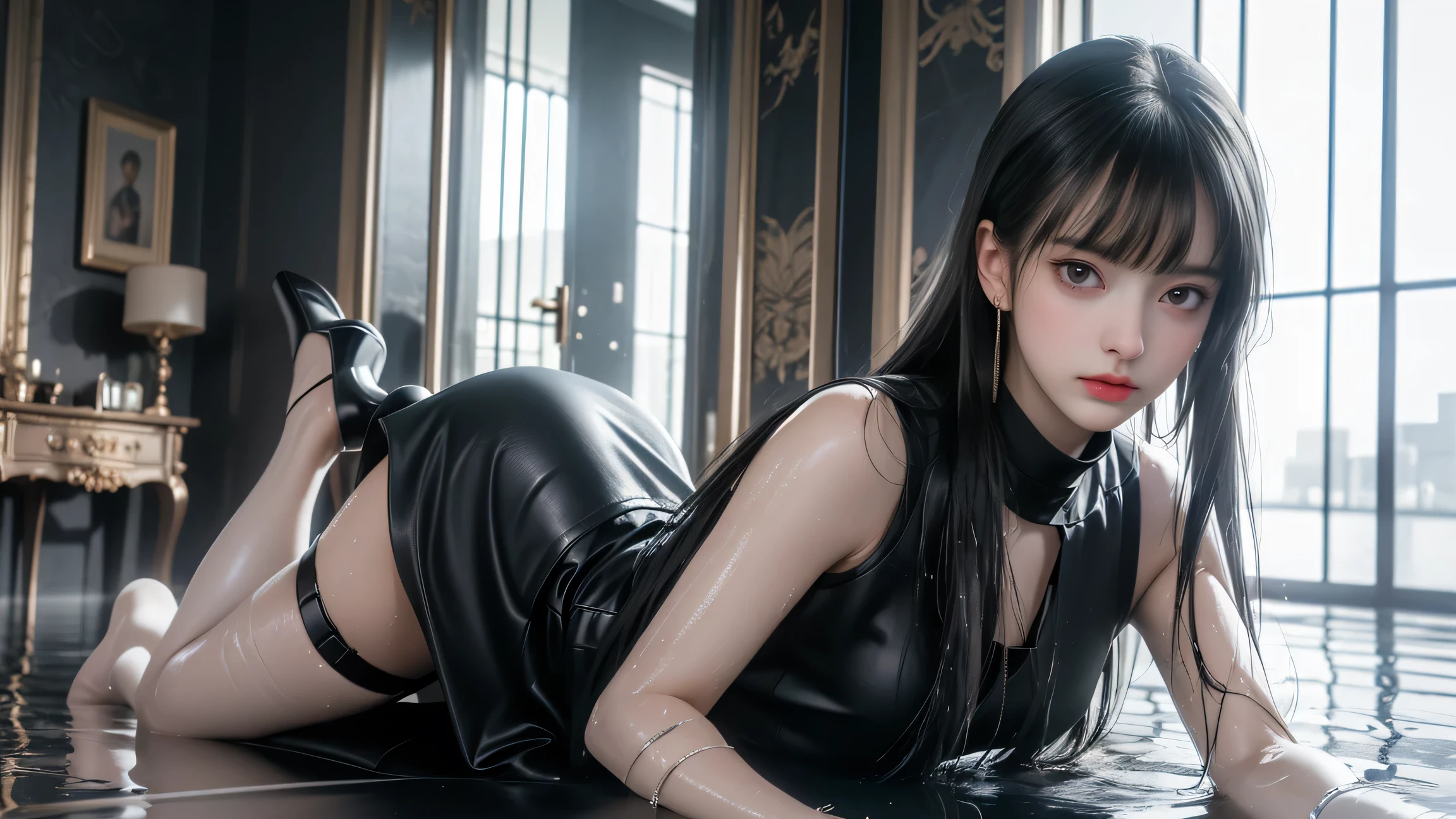 One Girl,Very cute girl at 15 years old,Big eyes,The face is facing straight ahead,Body facing forward,Beautiful nose,Fuller lips,Short black hair,ponytail,Detailed eyelashes,Thin eyebrows,Symmetrical eyes,View Viewer、Princess Costumes、Castle、High heels、Dance、ceremony、tiara、gloves