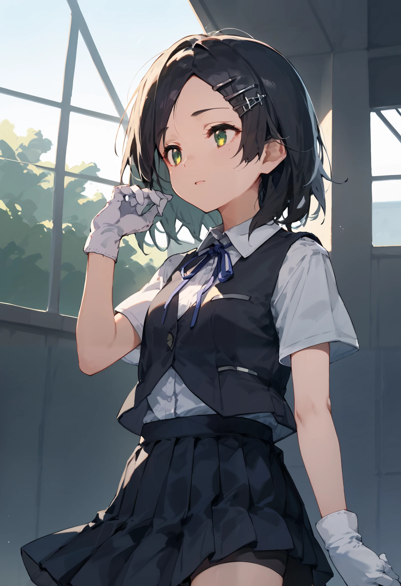 best quality , Masterpiece, high resolution, Alone, 1 girl,{kuroshio_kantaicollection:1.15}, green eyes,short hair, shirt, hair ornament, ribbon,school uniform, white shirt, short sleeves, pleated skirt, hairclip,white gloves, black skirt, medium hair,neck ribbon, black shorts, blue ribbon, black vest, shorts under skirt,