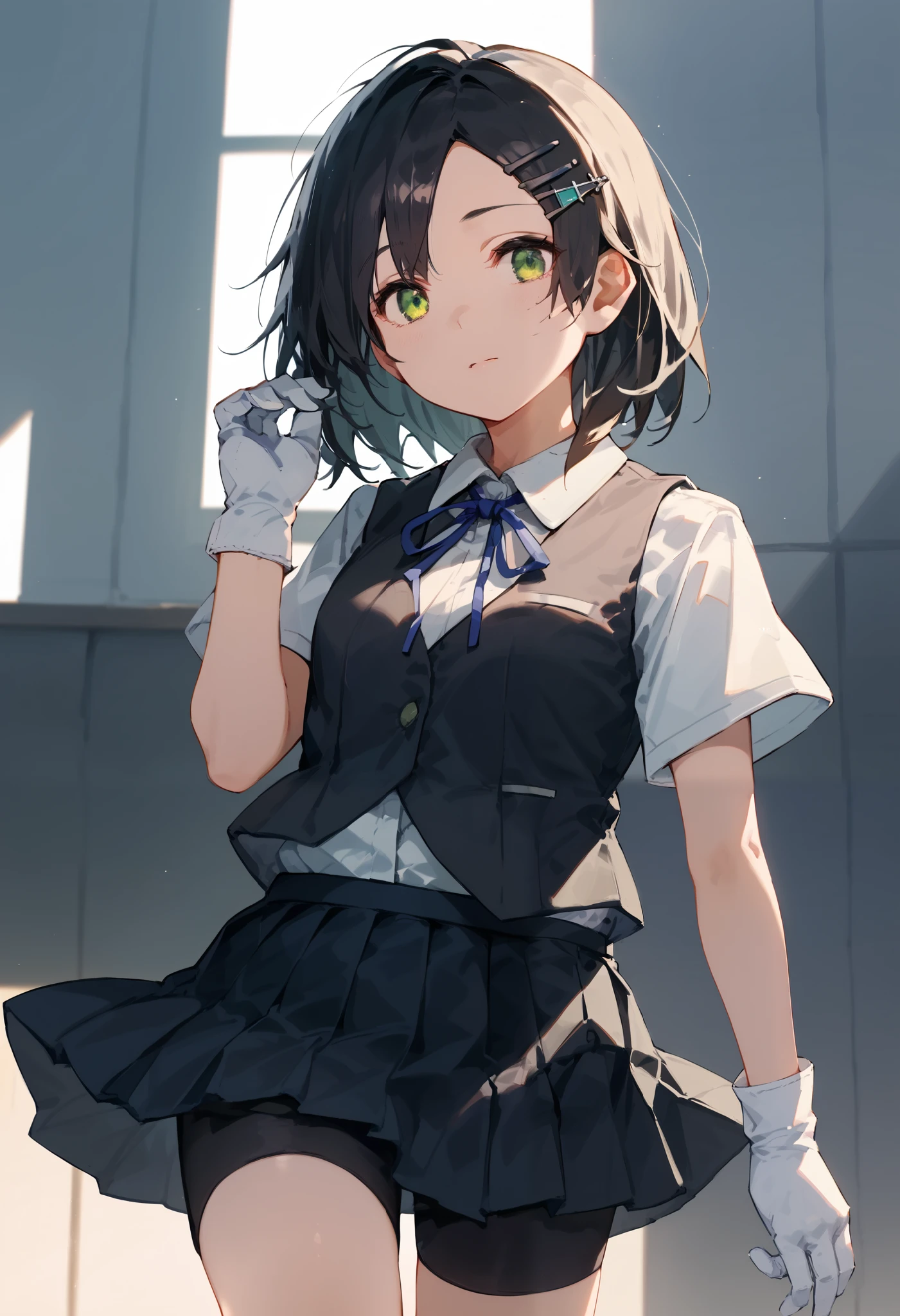 best quality , Masterpiece, high resolution, Alone, 1 girl,{kuroshio_kantaicollection:1.15}, green eyes,short hair, shirt, hair ornament, ribbon,school uniform, white shirt, short sleeves, pleated skirt, hairclip,white gloves, black skirt, medium hair,neck ribbon, black shorts, blue ribbon, black vest, shorts under skirt,