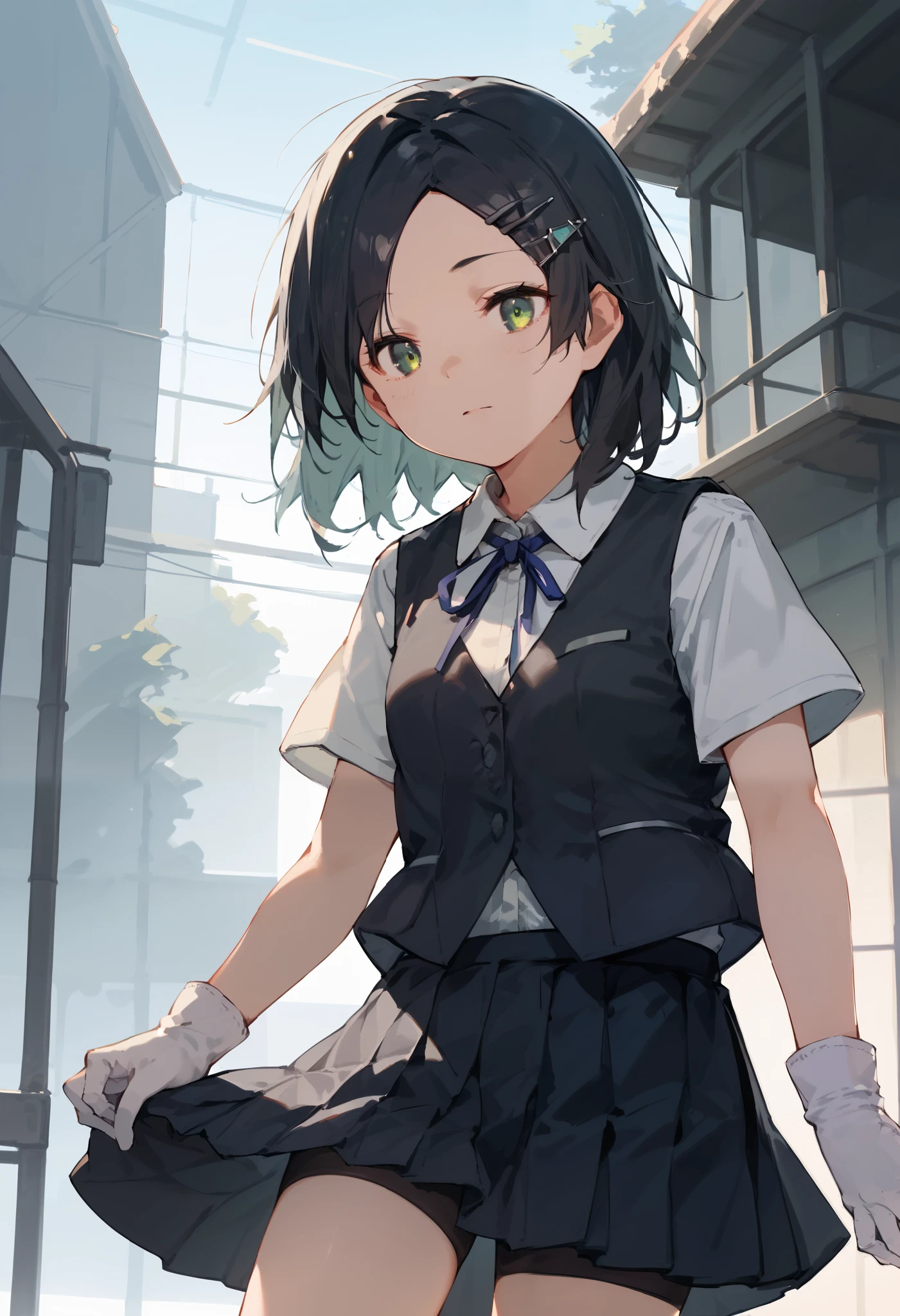 best quality , Masterpiece, high resolution, Alone, 1 girl,{kuroshio_kantaicollection:1.15}, green eyes,short hair, shirt, hair ornament, ribbon,school uniform, white shirt, short sleeves, pleated skirt, hairclip,white gloves, black skirt, medium hair,neck ribbon, black shorts, blue ribbon, black vest, shorts under skirt,