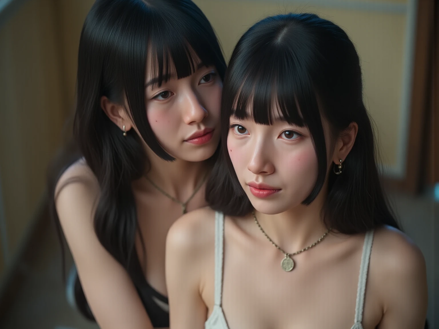 Research Room、Beautiful young nude woman lying on a laboratory table、Long black hair、bangs、Body Chain、constrained、bondage、insert a vibrator between your legs、Crying in pain、The hands and feet are chained
