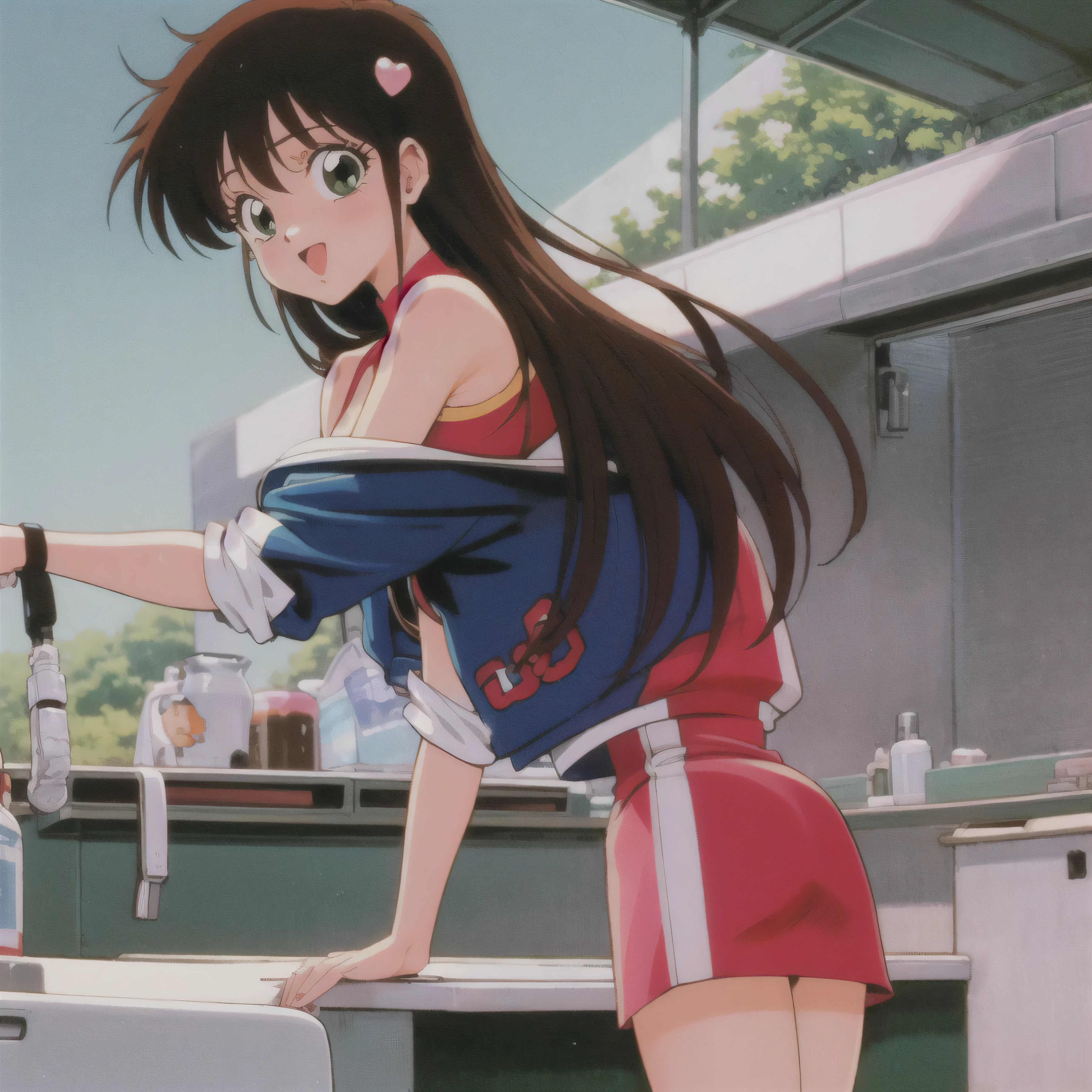 Satomi Morihara | Pia♥キャロットへようこそ!! ~We've been Waiting for you~, masterpiece, best quality, a sexy mature woman in naked apron posing provocative next to a table at the restaurant, 1girl, from behind, 独奏, is, breasts, covered nipples, apron, thigh highs, bending over the table, smile, showing is,