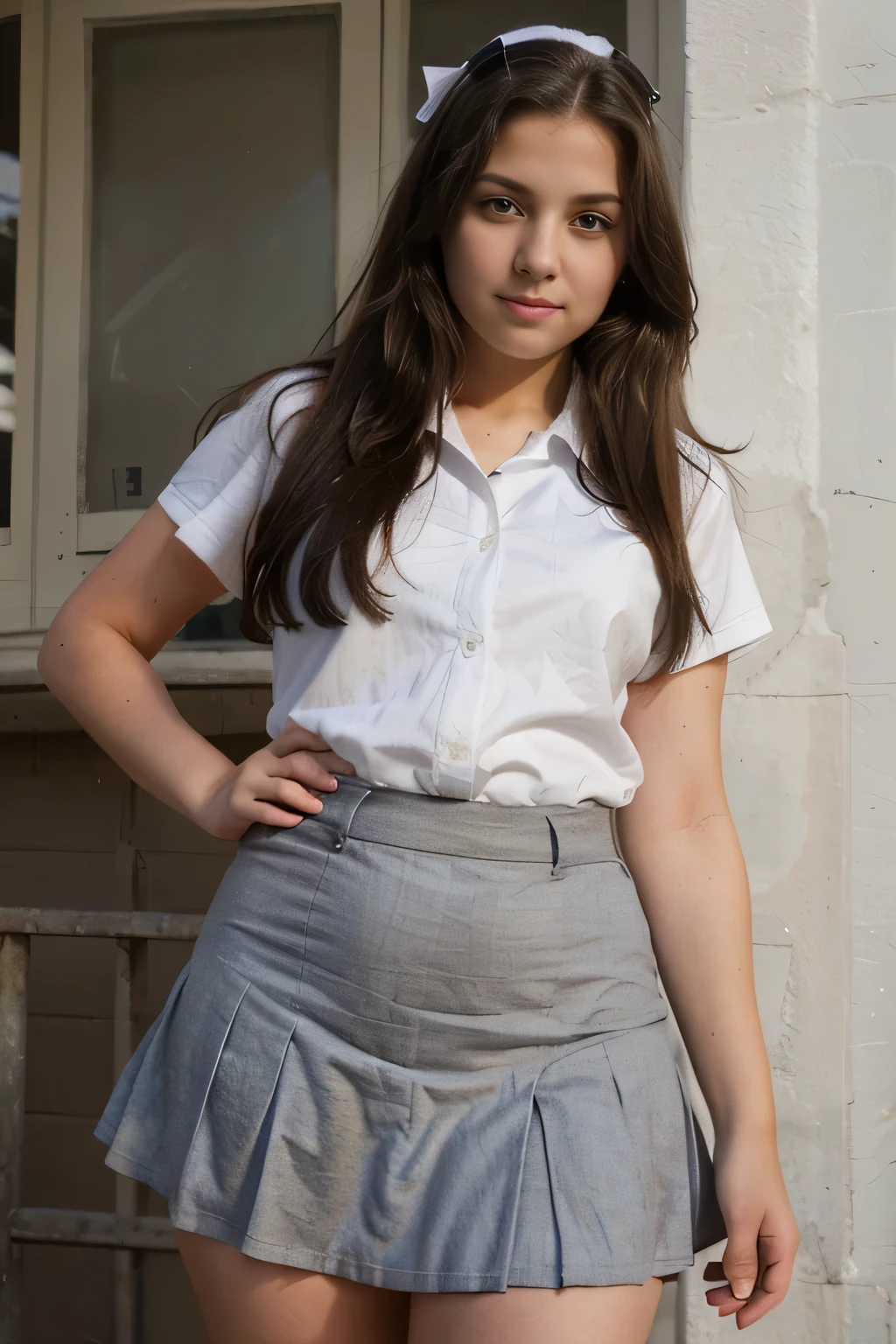  photo realistic full body 14 year old girl with pigtails dressed as a medium weight ,mini skirt,very short checked microskirt,corpse,very big busty,Stupid,ponytail,Wide hips