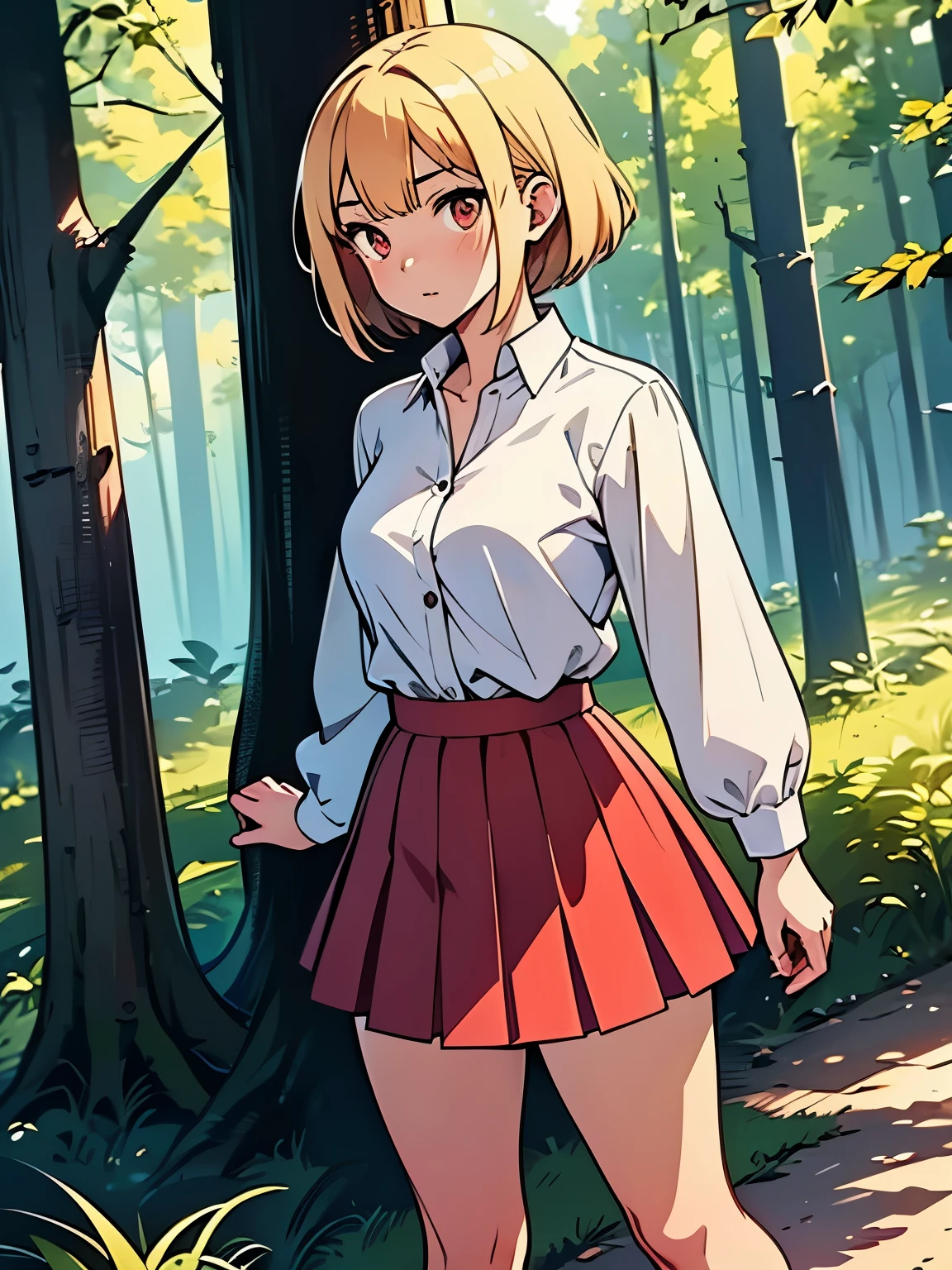 1girl, Solo, Anime Girl, Tall, 21 Years of Age, Short Hair, Blonde Hair, Red Eyes, White Blouse, Red Skirt, Black Heels, Small Breasts, Dense Forest Background, Standing Position, Sunny Day, High Resolution, HD