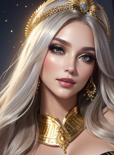 Full body portrait of a beautiful ethereal woman, her very long gold hair cascading down in soft waves, framing a face of extreme detail and elegance. Her eyes, big and colorful, boast three gradient silver shades of eyeshadow and eyeliner, accentuating her double eyelids and long lashes. Rosy cheeks adding a touch of warmth to her ethereal beauty, and her skins glossy texture shines in the cinematic light, highlighting each and every realistic pore and Wrinkle. Full lips adorned with golden glitter on her silver lipstick, complementing the gold and silver jewels she wears around her neck and wearing a scarf,she is the elemental goddess of Gold,Goddess makeup,ultra realistic 8k cg, picture-perfect face, flawless, clean, masterpiece, professional artwork, famous artwork, cinematic lighting, cinematic bloom,