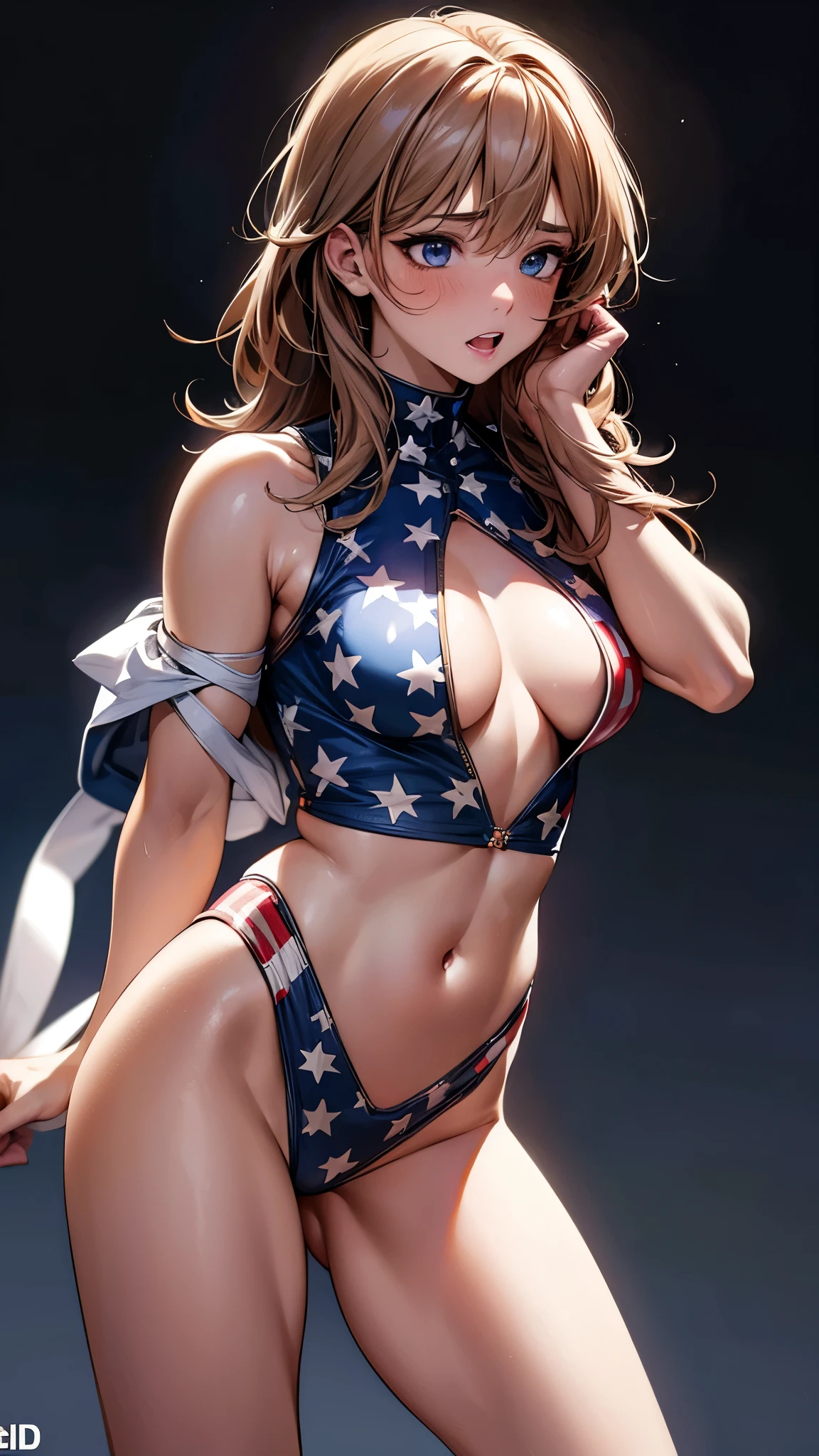 (8K, Raw photo, 最high quality, masterpiece:1.2), High-definition RAW color photo, Professional photo shoot, cinematic light, (((young woman, gal))), (Sharp features), (Big eyes), (small face), (high detail skin:1.2), cute face, beautiful appearance, long eyelashes, (blonde), (toned body:1.5), (beautiful chest), very detailed顔と肌の質感, fine eyes, natural makeup, (stars and stripes bikini:1.2, boots, 女子wrestlingラー:1.5), (((fighting pose:1.5, spread your hands, nervous look))), staring eyes, beautiful skin, shiny skin, (large crowd:1.2, wrestling), perfect fingers, five fingers, anatomically correct, background bokeh, high quality, surreal, bright colors, ((very detailed, photo shoot)),masterpiece、最high quality、High resolution、real girl、wrestlingラー、people々close-up of、Wearing a white bodysuit、During、Sexy、masterpiece, super fine illustration, best quality, light particles, ultra detailed, perfect anatomy, Japanese anime style, 8K, (woman), (small breasts), ((black short hair)), shiny hair, shiny skin, oily skin, beautiful face, (white leotard, wrestling boots:1.2), (nipples), (orgasm face, beautiful black eyes, shiny eyes, half-closed eyes), blush cheeks, arched back, get down all fours, boob on stage, (naked man:1.3), (man behind woman), (intense Sex:1.6), (doggy style sex:1.4), vaginal penis, hetero, (man hold woman's waist:1.4), (cum out), nsfw, stage, wrestling stage, crowd,pubic hair,perfect anatomy