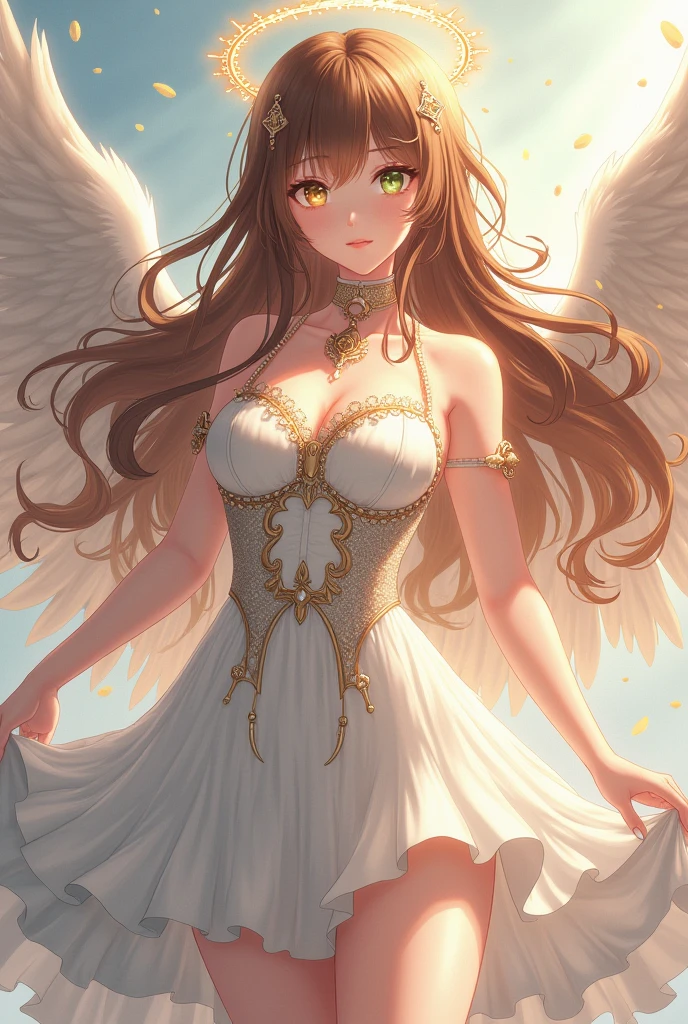 there is a woman sitting on a bench with an angel wings on her head, (hair swept bangs:1.3), (brown hair:1.3), anime style, from girls frontline, fine details. girls frontline, girls frontline universe, girls frontline style, girls frontline, girls frontline cg,  wearing angel, angel themed, full - body majestic angel, dark angel of coffee, angel girl, wearing angel halo