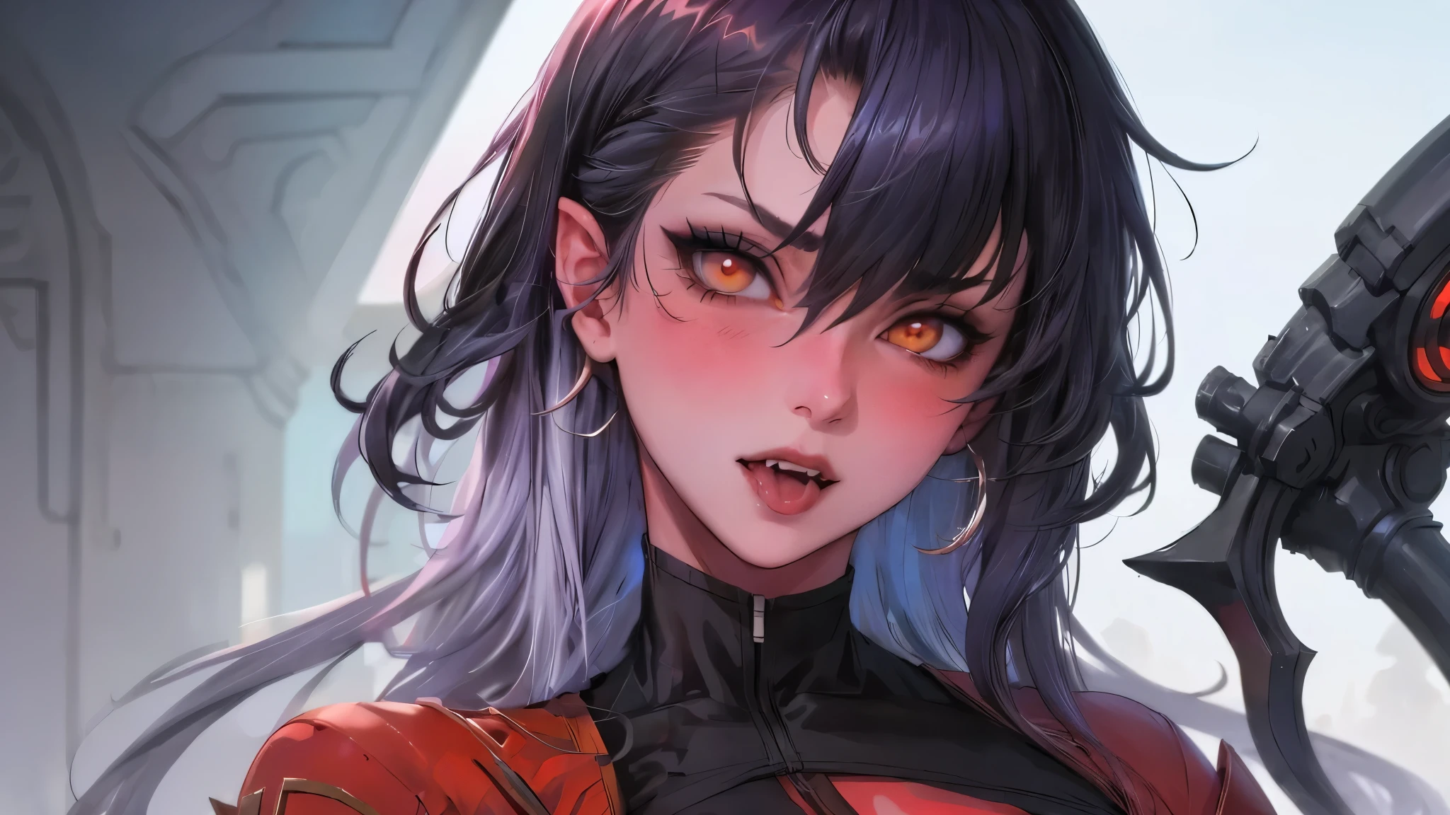 Portrait, Horror Movie, full-body, ((Ultra Detailed, Cinematic, hyper detailed, Hyperresolution, official arts, Wallpaper 40k, Mind-blowing art)), Skull Girl, wide skull, skintight, side_boob, hanging breasts, ((smoky-black color hair)), (extra long hair), voluminous hair, bangs, razzmatazz color eyes, cross-shaped pupil, makeup, lipstick, 30 years old, mature woman, Beautiful finger, 1girl, Beautiful body, Beautiful nose, Beautiful character design, perfect eyes detail, perfect face, looking at viewer, Colorful, Bright_Front_face_Lighting, (masterpiece: 1.0), (best_quality: 1.0), (bright_color: 1.2) (Beautiful, medium_breasts: 1.4), (beautiful_face: 1.5), (narrow_waist), (solo: 1.4), ((upper body, half body:1,4)), class, shyly blushing, looking at viewer, praying hands, arms folded under chest, seductive, no protruding teeth, sharp teeth), terror, Flesh, (((an alien))), woman, destruction, Discarded skin, Cracked skin, (Red dress), seductive body, (mouth slightly open, slightly protruding fangs), ((muscular body, extra pale skin)), (forket tongue, very long tongue, (girl with snake tongue)),