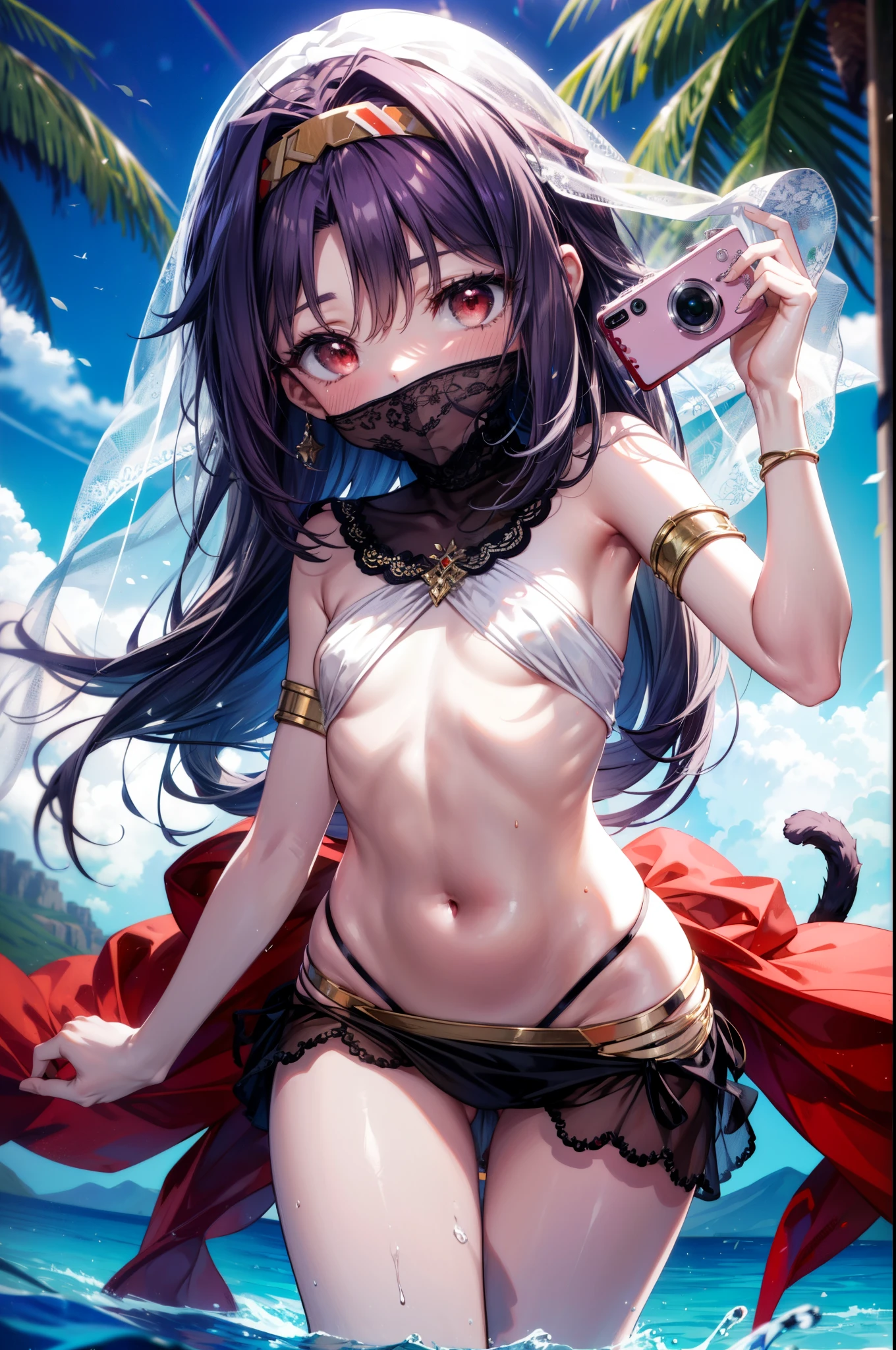 yuukikonno, Konno Yuuki, Hair Band , long hair, Cat ears,Cat tail, purple hair, ( Red Eyes:1.5), ( small breasts:1.2),smile,blush, grin , Arabian costume, dancer, mouth Veil, belly Dancing, Veil, armlet, Bare legs, palm tree , water, Dancing,noon,whole bodyがイラストに入るように,
break looking at viewer,whole body,
break outdoors, desert,oasis,
break (Masterpiece:1.2), best quality , high resolution, unity 8k wallpaper, (illustration:0.8), ( beautiful detailed eyes staring at the camera:1.6), very detailed face, PERFECT LIGHTING , highly detailed CG, (perfect hand, perfect anatomy),