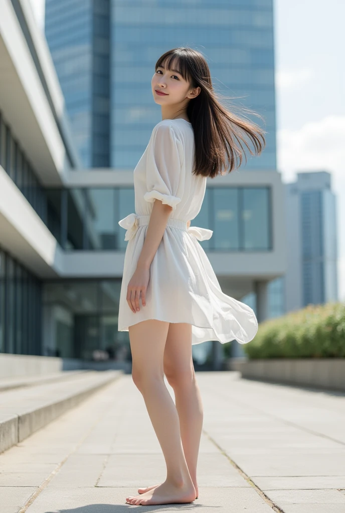 blackhair Chinese girl, smile, medium hair, extremely beautiful face, full-body shot, wearing a white shirt, sunny day, professional lighting, snap shot on street, 3/4 left view, windy, sharp focus, 8k, masterpiece, RAW photo, best quality:1.2, --auto --s2