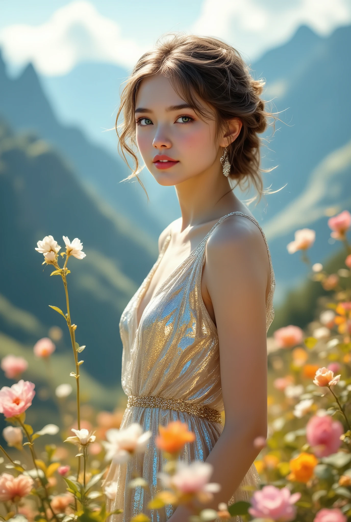  Beautiful girl ,  sweet and delicate bright appearance with an iridescent silver-gold dress,  beautiful background on a mountain with beautiful delicate floral blooms developing on the background ,  beautiful colors , bright colors,  masterpiece, 8 k, the best,  quality ,  complicated details, transcendent graphics ,