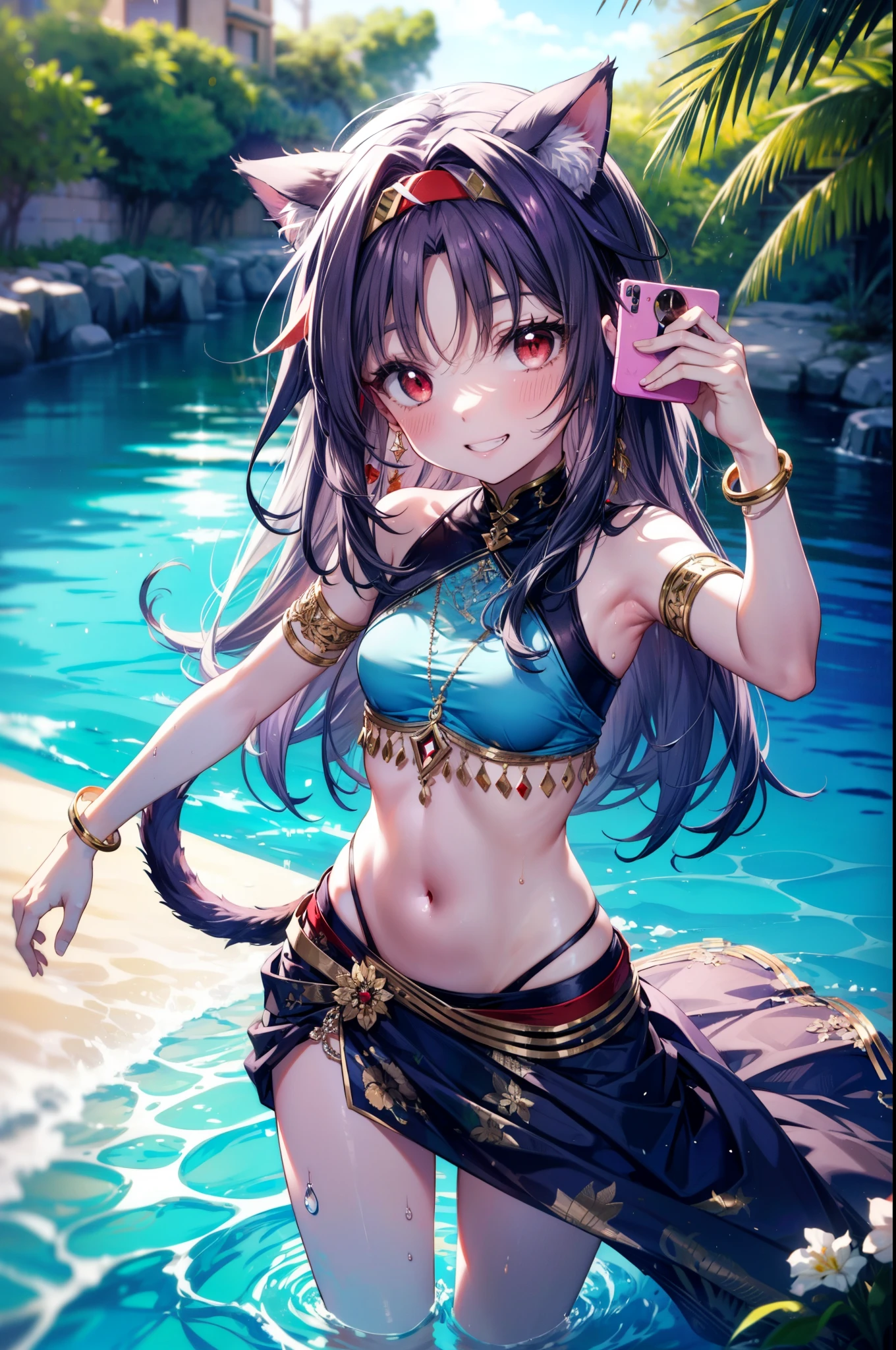 yuukikonno, Konno Yuuki,  Hair Band ,  long hair, Cat ears,Cat tail,  purple hair, ( Red Eyes:1.5), ( small breasts:1.2),smile,blush, grin , Arabian costume,  dancer, belly Dancing,  armlet, Bare legs, palm tree , water, Dancing,noon,whole bodyがイラストに入るように,
break looking at viewer,whole body,
break outdoors,  desert,oasis,
break (Masterpiece:1.2),  best quality ,  high resolution, unity 8k wallpaper, (illustration:0.8), ( beautiful detailed eyes staring at the camera:1.6),   very detailed face,  PERFECT LIGHTING ,  highly detailed CG, (perfect hand,  perfect anatomy),