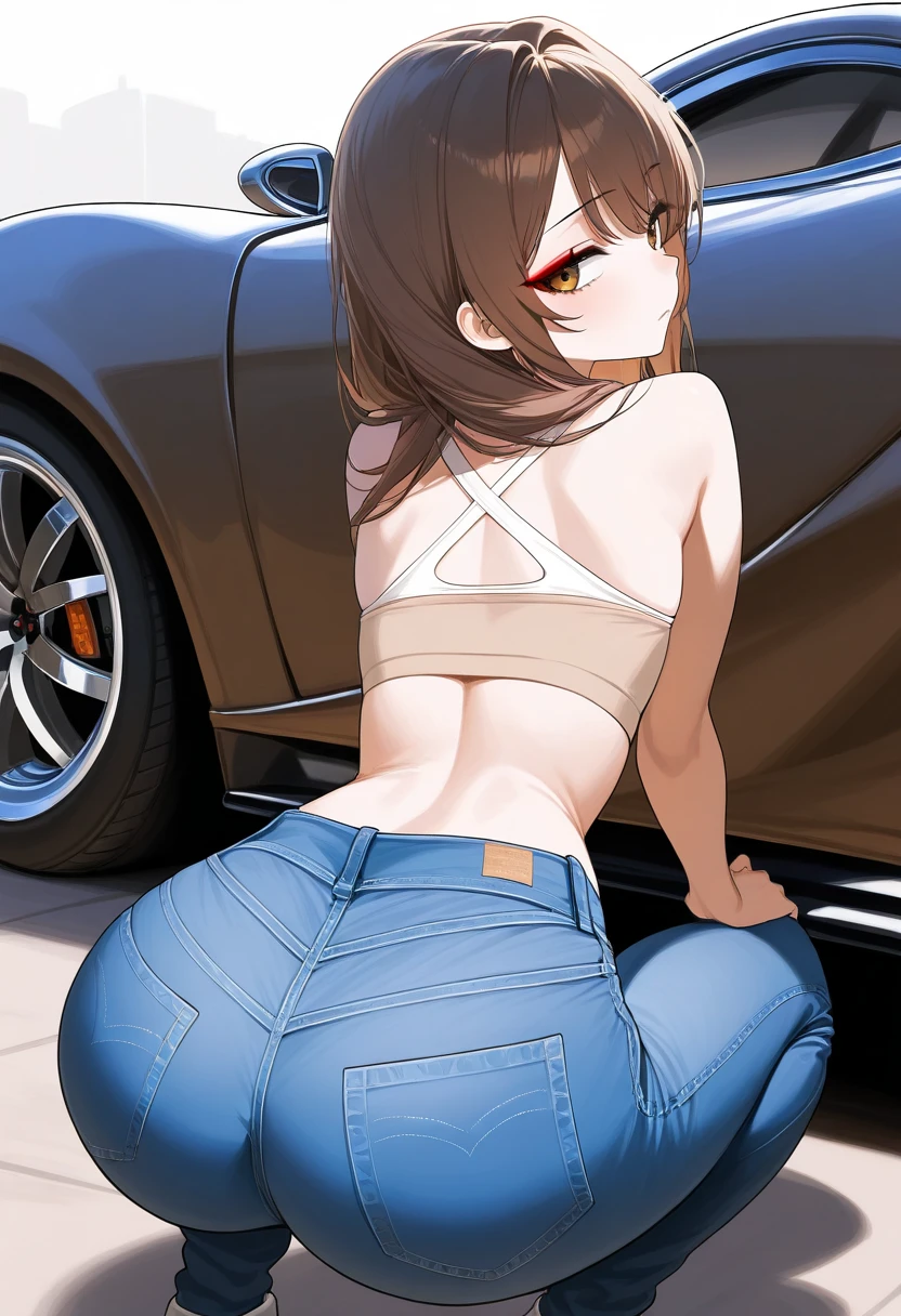 2 Asian girls, both farting together side by side, desperate to poop, farting while sitting in car, sitting down, wearing swimsuits, stomach bloated, hangs holding stomach, pained expression, shocked and embarrassed, mouth open in shock, sweating, blushing, beautiful and cute face, anime art style, fit body, tall and thin, view from back, legs spread apart, thin tighs