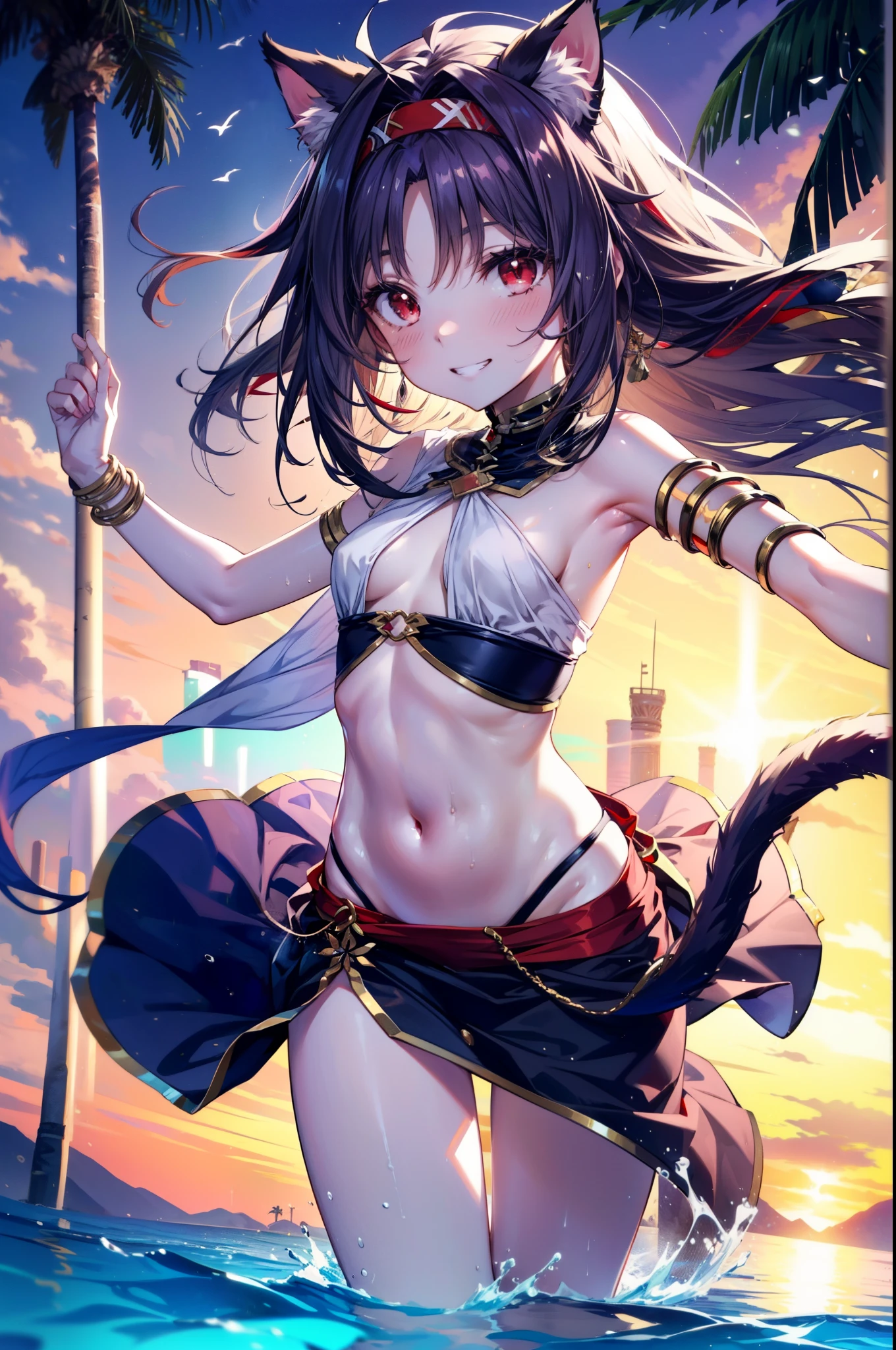 yuukikonno, Konno Yuuki, Hair Band , long hair, Cat ears,Cat tail, purple hair, ( Red Eyes:1.5), ( small breasts:1.2),smile,blush, grin , Arabian costume, dancer, belly Dancing, armlet, Bare legs, palm tree , water, Dancing,noon,whole bodyがイラストに入るように,
break looking at viewer,whole body,
break outdoors, desert,oasis,
break (masterpiece:1.2), best quality, high resolution, unity 8k wallpaper, (figure:0.8), ( Beautiful, detailed eyes :1.6), very detailed face , PERFECT LIGHTING , highly detailed CG, (perfect hand, perfect anatomy),
