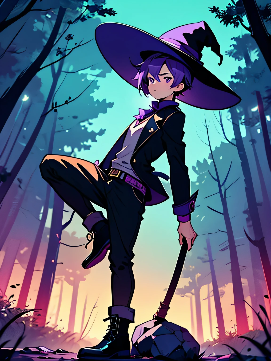 Anime Boy, Solo, Tall, 22 Years of Age, Short Hair, Purple Hair, Purple Eyes, Witch's Hat, Violet Scavenger Wear, Black Shoes, Dense Forest Background, Leaning Position, Dimly Night, High Resolution, HD