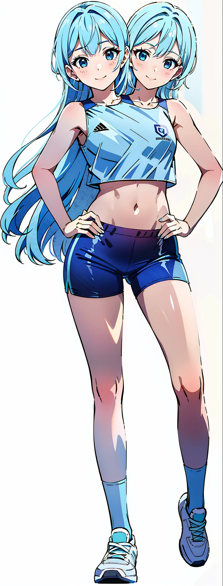 best quality, (masterpiece),(ultra-detailed), (high quality), (high resolution), ((2heads:1.5)), best quality:1.5, highres, UHD, 16K), ((two headed ager)), smiling, highres, masterpiece, ((light blue hair:1.5)), light blue crop top , lustrous and smooth skin, light blue skirt, Beautiful girl with accentuated slender abs, sports shoes, strapless crop top , sleeveless crop top, ((long hair)), black eyes, ((small chest))