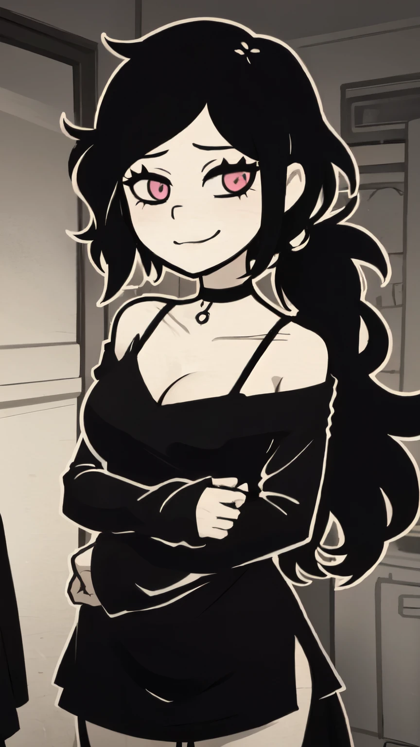 ashleyvk, 1girl, solo, black hair, medium breasts, choker, medium hair, anime coloring, low ponytail, bare shoulders, black panties, smile