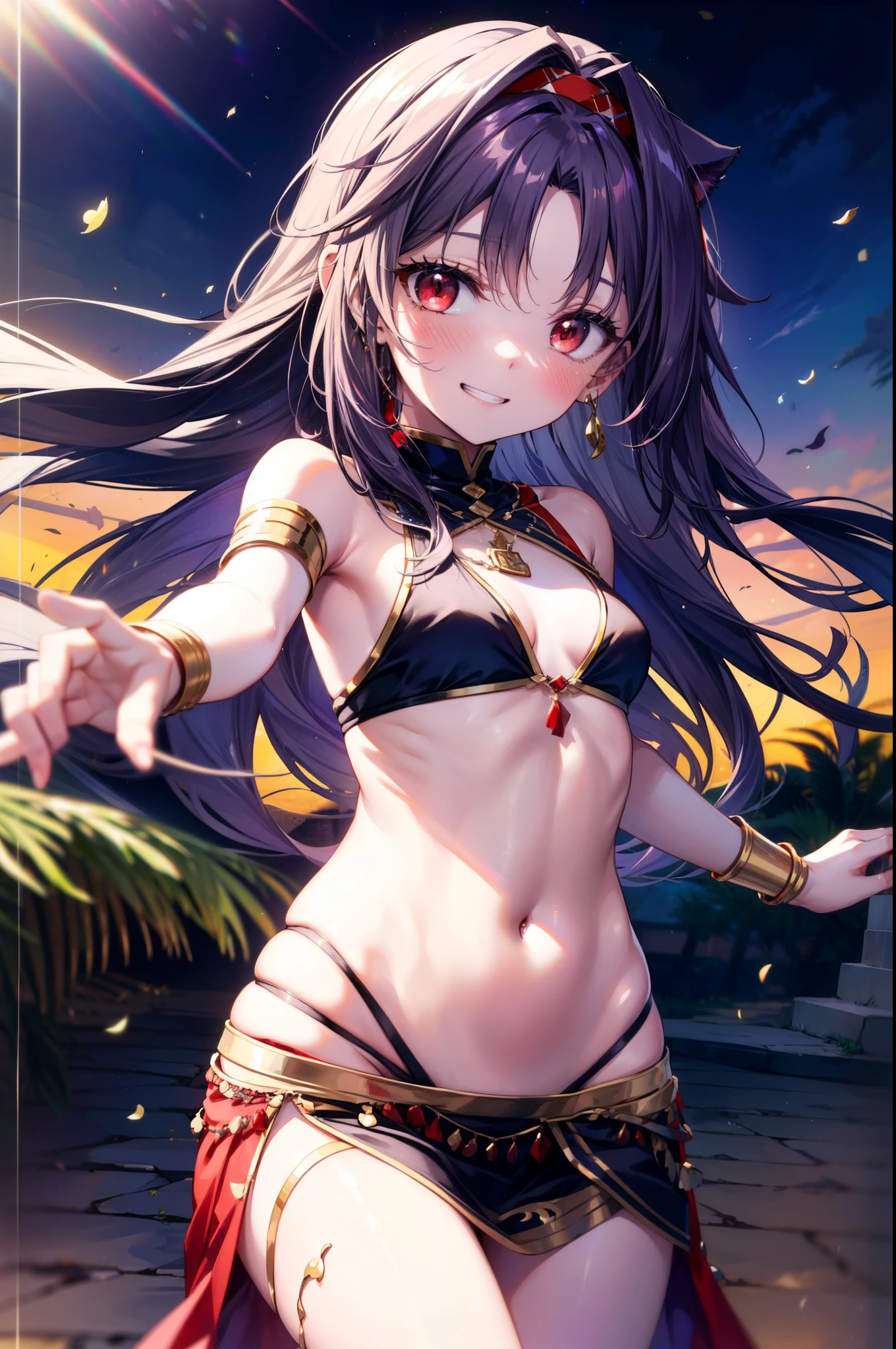 yuukikonno, Konno Yuuki,  Hair Band ,  long hair, Cat ears,Cat tail,  purple hair, ( Red Eyes:1.5), ( small breasts:1.2),smile,blush, grin , Arabian costume,  dancer, belly Dancing,  armlet, Bare legs, palm tree , Dancing,noon,whole bodyがイラストに入るように,
break looking at viewer,whole body,
break outdoors,  desert,oasis,
break (masterpiece:1.2),  best quality,  high resolution, unity 8k wallpaper, (figure:0.8), ( Beautiful, detailed eyes :1.6),   very detailed face ,  PERFECT LIGHTING ,   highly detailed CG, (perfect hand,  perfect anatomy),