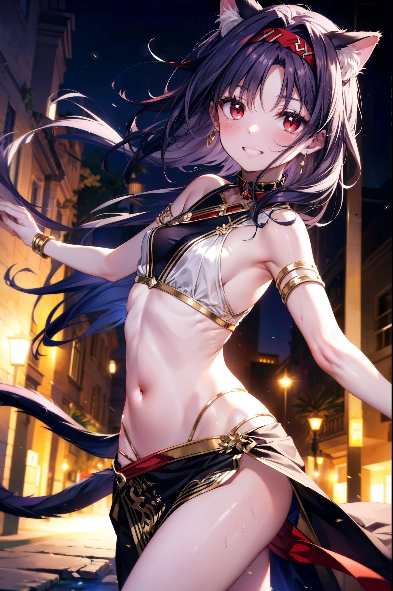 yuukikonno, Konno Yuuki,  Hair Band ,  long hair, Cat ears,Cat tail,  purple hair, ( Red Eyes:1.5), ( small breasts:1.2),smile,blush, grin , Arabian costume,  dancer, belly Dancing,  armlet, Bare legs, palm tree , Dancing,noon,whole bodyがイラストに入るように,
break looking at viewer,whole body,
break outdoors,  desert,oasis,
break (masterpiece:1.2),  best quality,  high resolution, unity 8k wallpaper, (figure:0.8), ( Beautiful, detailed eyes :1.6),   very detailed face ,  PERFECT LIGHTING ,   highly detailed CG, (perfect hand,  perfect anatomy),