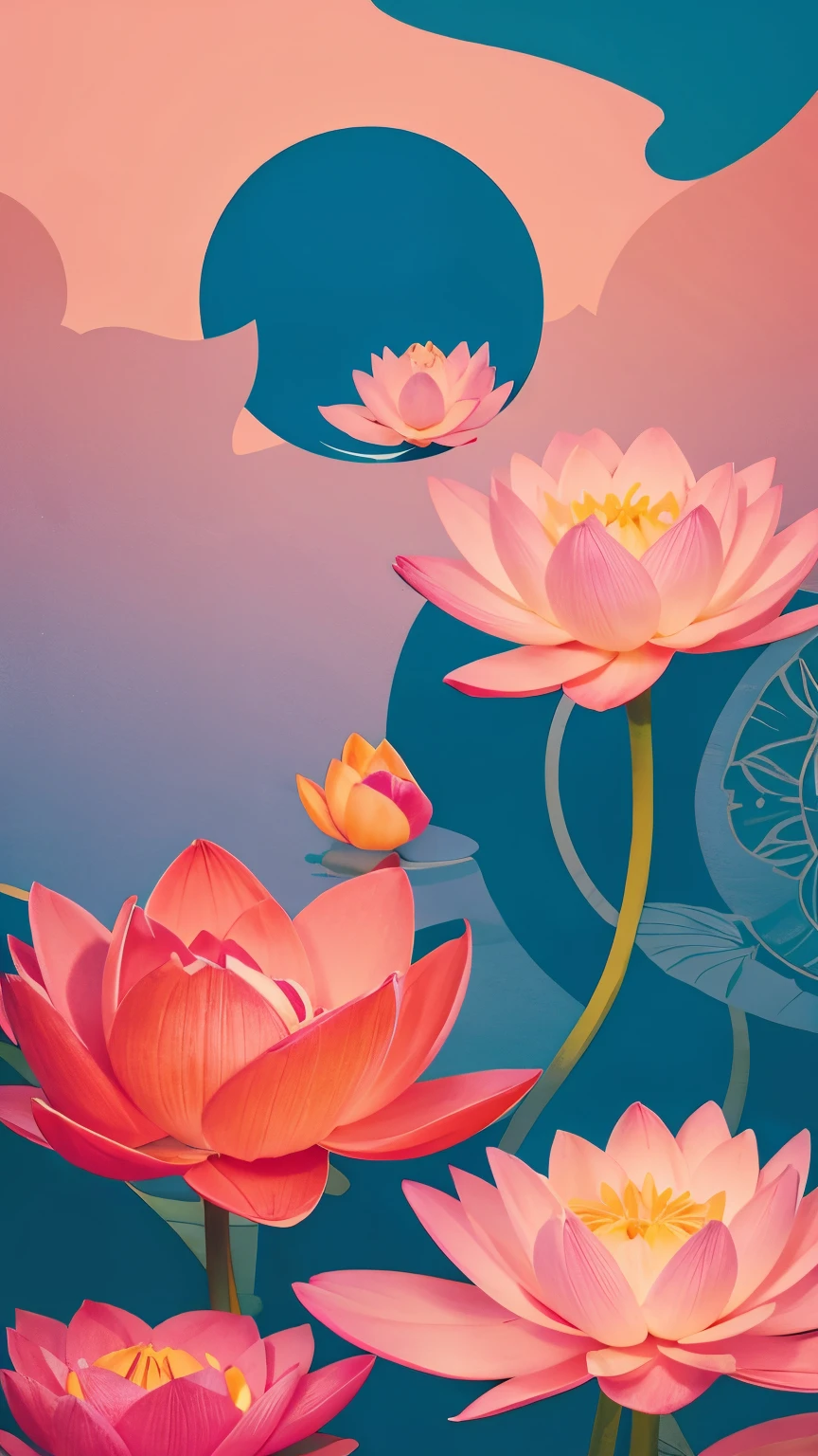 abstract pink orange design, blue teal lotus flower and moon and buddah