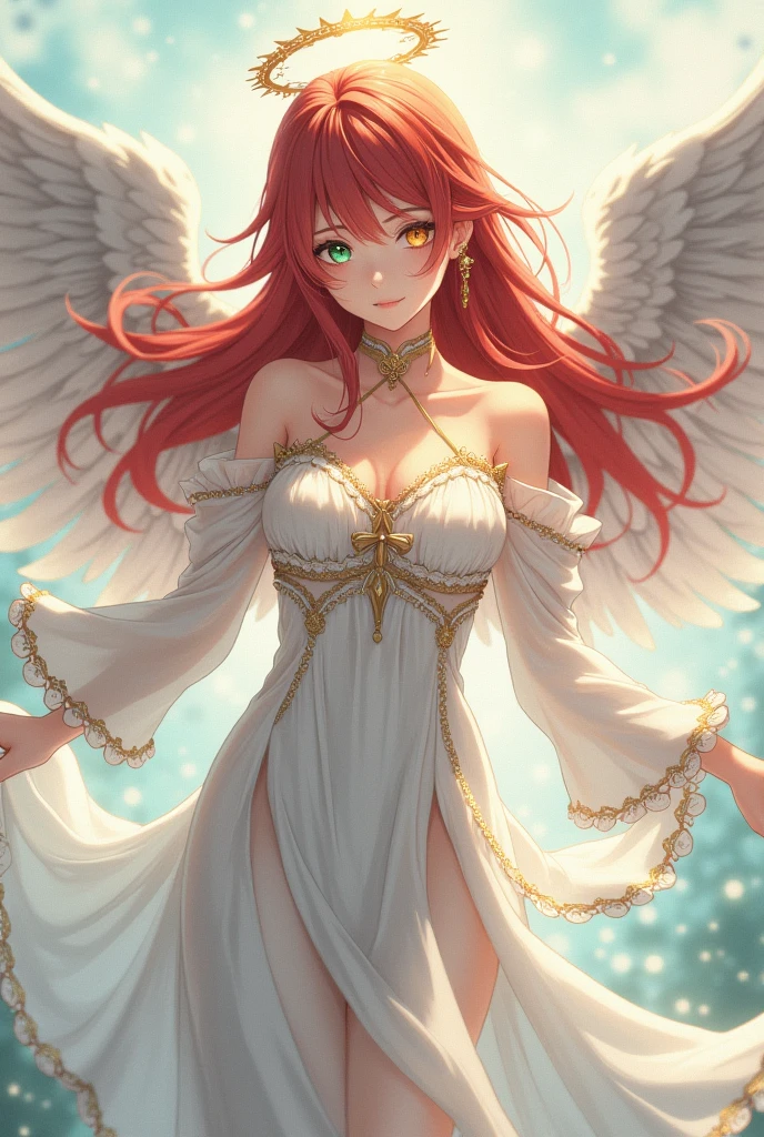 bestquality、Ultra High Res、(photorealistic:1 beauty girl.4 Beauty)、。charming face。Model Face。hair long。slender。beautiful detail、Red hair。Big Boobs。ear ring。Raking up your hair。Detailed details。vivid。realistic details。lifelike。naked,。Angel wings extending from the back。Get on your knees。Get on your knees。an angel。smiling smile。Cheerful smile。navel out, Detached sleeves, Bare Shoulders, Central opening, cleavage between breasts, mid breasts, Hair clip with long feathers, hair ornamen,