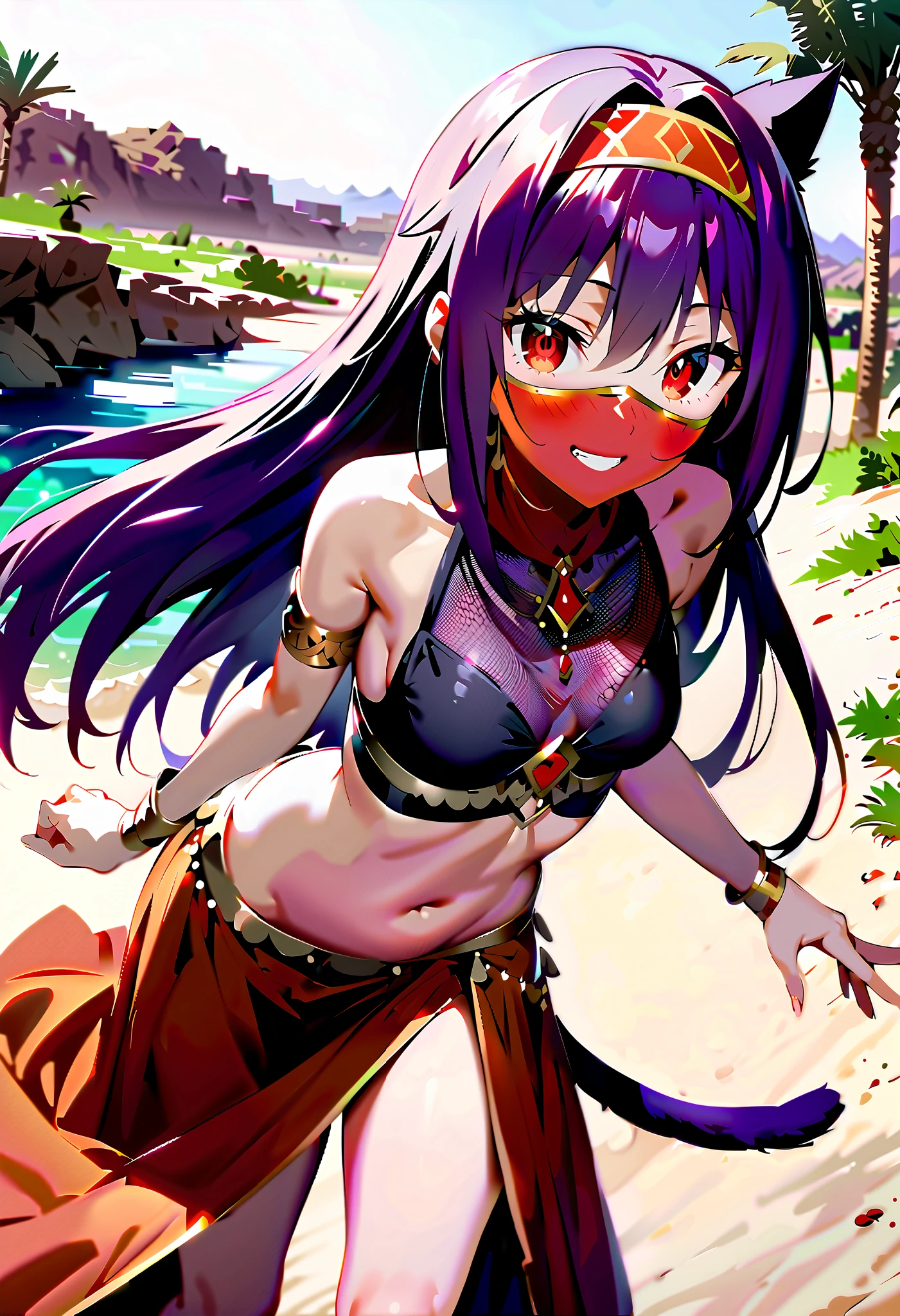 NSFW,masterpiece,Highest quality,High resolution,Super detailed,(Sword Art Online\), Purple Hair, Long Hair, Ahoge, Red eyes, Pointed Ears, hair band,High quality sexy micro bikini,Embarrassed,blush,beach,Palm tree,Rock Shade