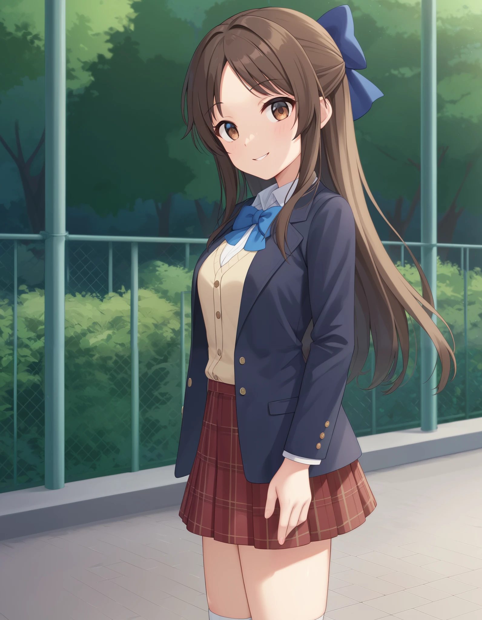 best quality,masterpiece,   4k, best quality 
1girl, solo,tachibana arisu, brown hair, brown eyes, long hair, blue hair ribbon, bang, dark brown blazer, tan color vest , white collared shirt, blue bowtie, blue plaid skirt, opened jacket, white socks,hair bow, standing,smile ,cowboy shot,  from side, side view, outdoor, park
