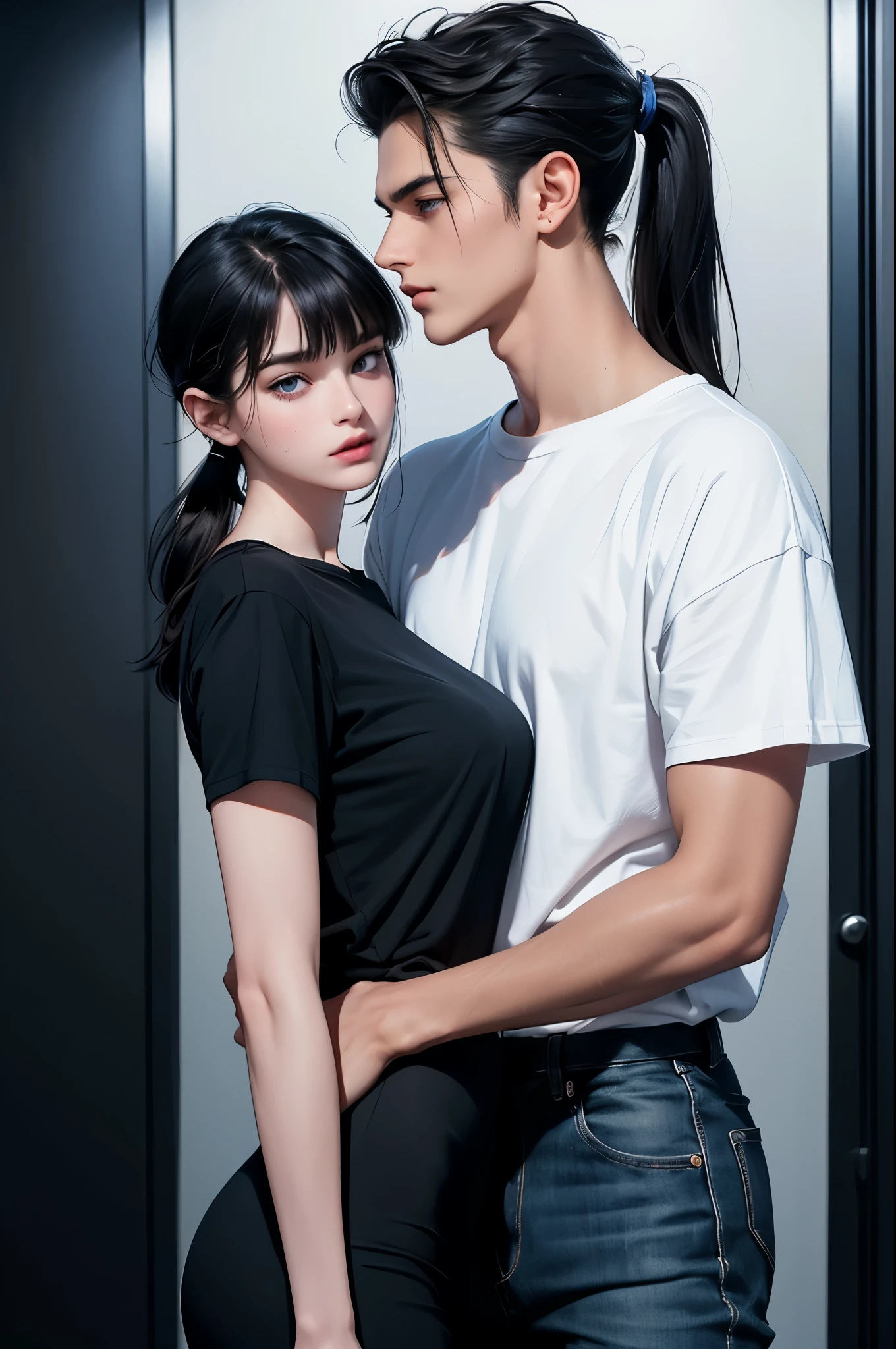 masterpiece、Highest quality、Familiar、1 female、18-year-old、blue eyes、blonde、Dark Skin、(((Oilskin))),Glowing Skin, short hair、Super Oversized T-Shirt、Shoulders are out、Captivating thighs、Big Breasts、Big Breasts、The woman went shopping、Top view、Embarrassed face、from the front、Upward glance、Background blur、In front of the cash register at a convenience store、A girl came to buy condoms、Place condoms and alcohol on the cash register、

Short girl and muscular naked black guy, Oversized plain t-shirt、No underwear、slender、Slender、Thin limbs、Small face, Black Hair、ピクシーshort hair、 , , (Wicked Smile:1.2), Off the shoulder, Short sleeve, Sunburn, Saucy, blush,steam,sweat,Vulgarity、 (A naked macho middle-aged man from behind、Hug a girl:1.3), An absurd solution, Very detailed, Highest quality, Cute illustrationasterpiece、1. Little Girl:1.3、1 guy,blushする, Background blur, 