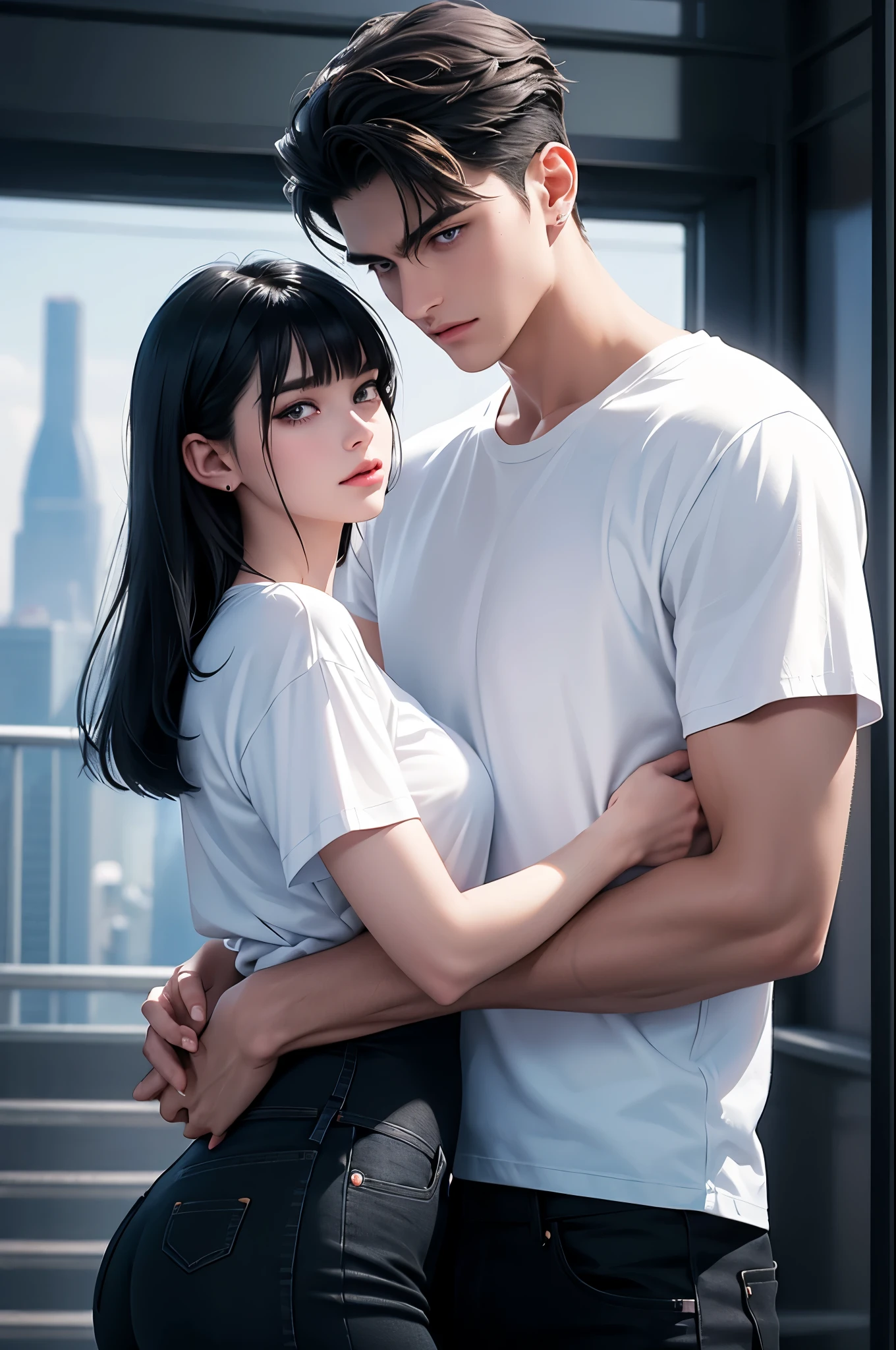 A tall handsome young man with black hair, with long black hair gathered in a tight ponytail, short bangs, black eyes, he is wearing a white T-shirt and white jeans, he hugs an incredibly beautiful tall pink-heared femme fatale young woman with a very short haircut standing next to him, she has brilliant green eyes, She is wearing a simple black dress. Masterpiece, perfect image, realistic pictures, detailed face study, full-length image, 8k, detailed image. an extremely detailed illustration, a real masterpiece of the highest quality, with careful drawing. Sasuke Uchiha and Sakura Haruno