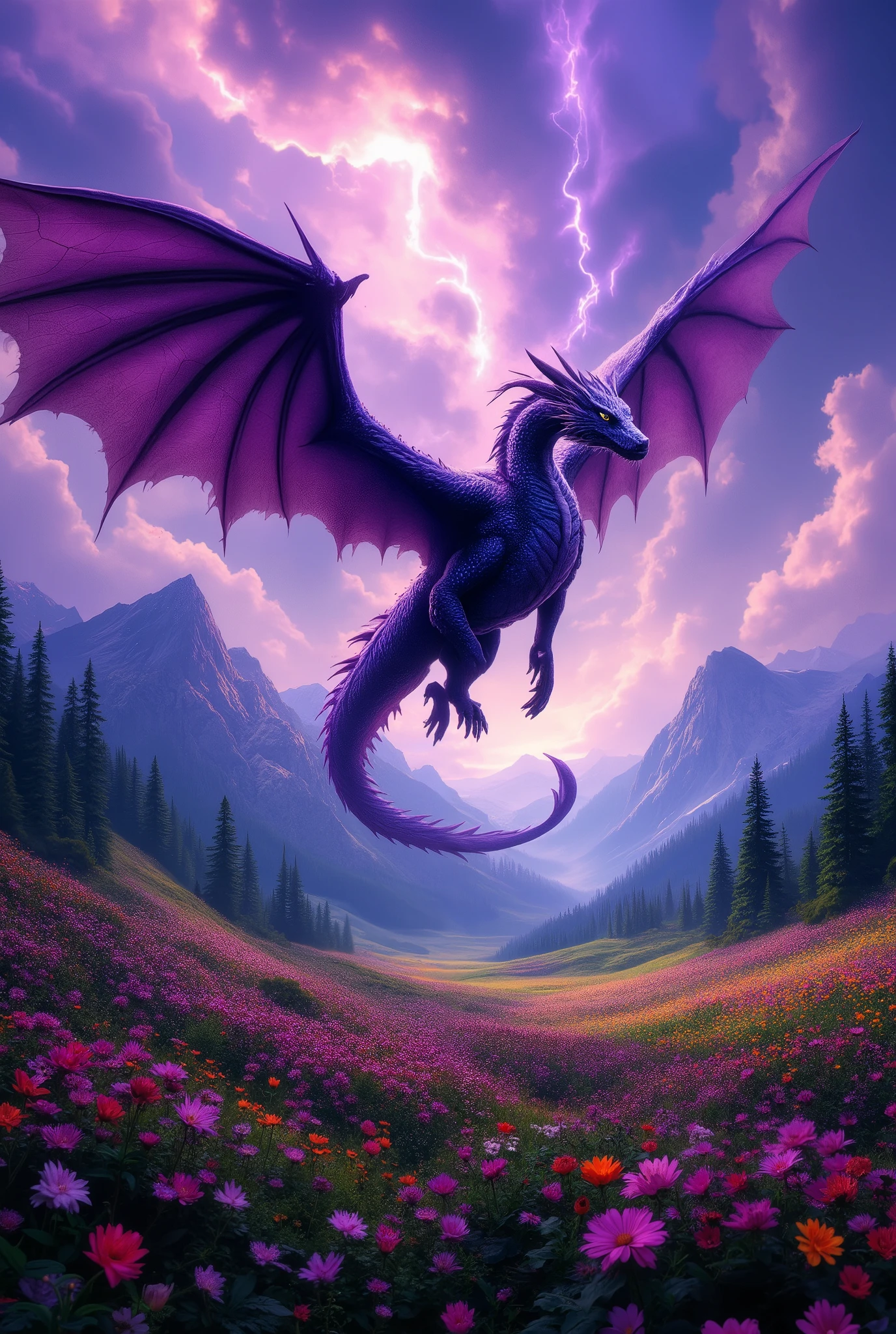 Beautiful view of the mountainous area with forests, the regional view of a flowery meadow with a rich and beautiful sky background, beautiful colors , rich colors , 8 k, Best quality, transcendent , incredible, masterpiece, maximum of detail , fantasy style, flying dragon above this place with large wings and beautiful dark purple scales , 8 k, Best quality, complicated details, Lots of Details , masterpiece, ultra details, a superb epic ,