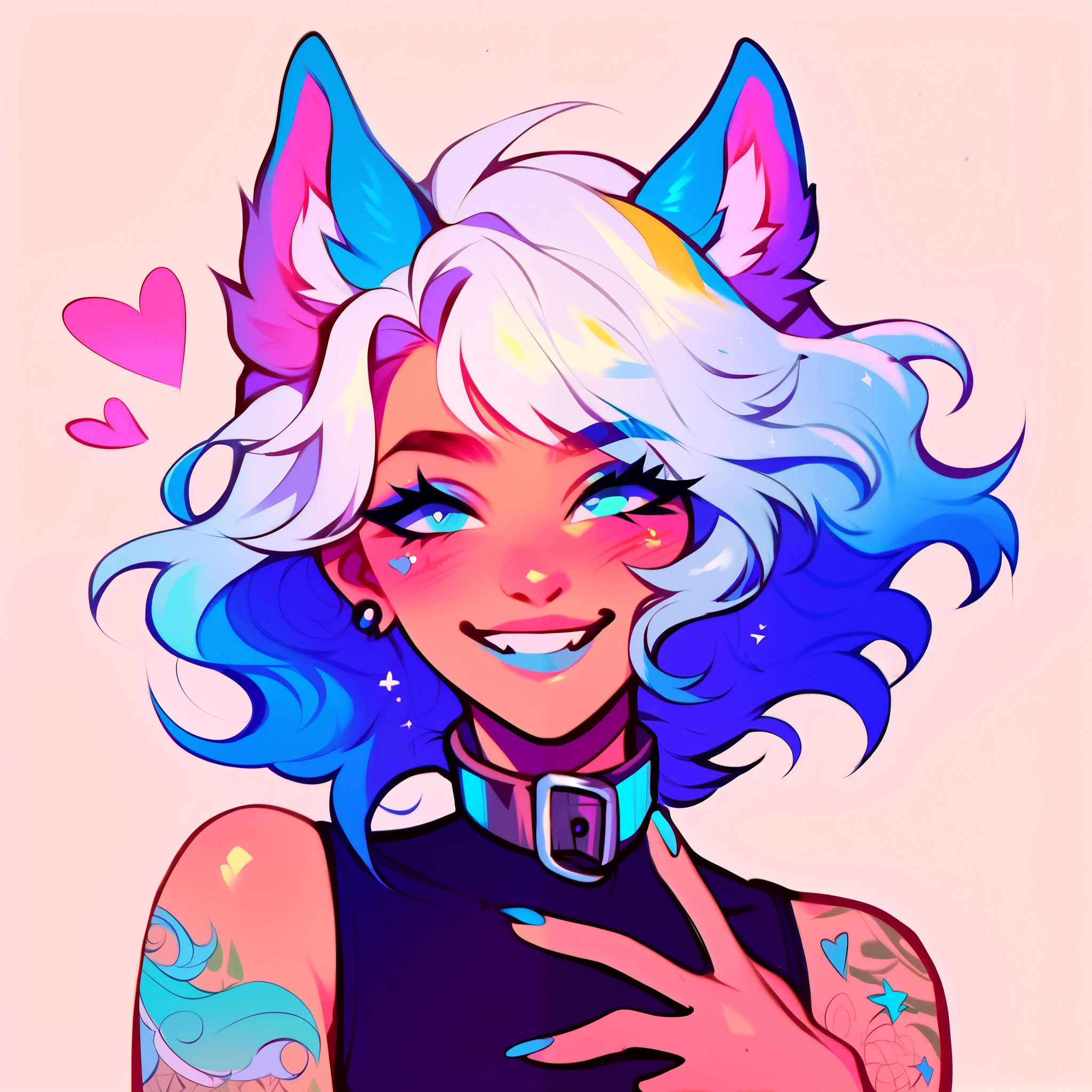 score_9, score_8_up, score_7_up, score_6_up, score_5_up, score_4_up, did vaporwave style, a male femboy with very long wavy white hair with blue highlights, has big fluffy wolf ears, has a wolf tail, wearing a thick brown collar with a heart hanging from it, wearing a sleeveless cropped black hoodie with something cute on it, wearing denim short shorts, has blushy cheeks, has blue lipstick on, has tattoos, wearing fishnet stockings, smiling, showing wolf canine teeth, glowing blue eyes, bubbles, floating hearts, shown from the waist up, showing upper body, showing arm tattoos, taking selfie, full body, UV Lights