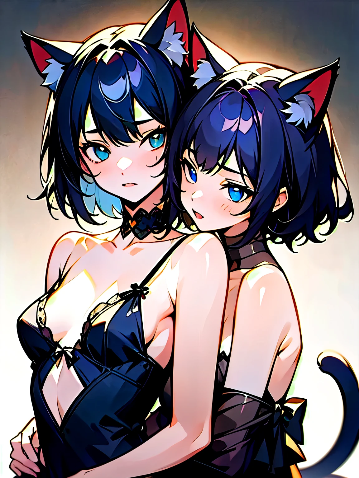  2 girls fighting back, Cat ears、 sexy lingerie 、 gothic fashion、  small breasts、  soft focus、 Cinematic Light 、 (  simple background)、(  dark background  )、(  best quality  , Masterpiece,  high resolution)、