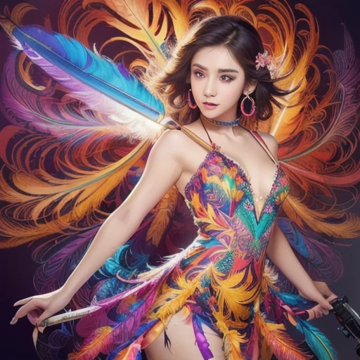 (​masterpiece、top-quality)、high resolution details、foco nítido、(Photoreal Stick:1.2)、1girl in、Cowboy Shot、(The beauty of a woman and the beauty of a phoenix feather seamlessly blend:1.1)、(Dancing in a kaleidoscope of bright colors and patterns、The blades react and、、Reflect her movements in a captivating fractal design:1.1)、