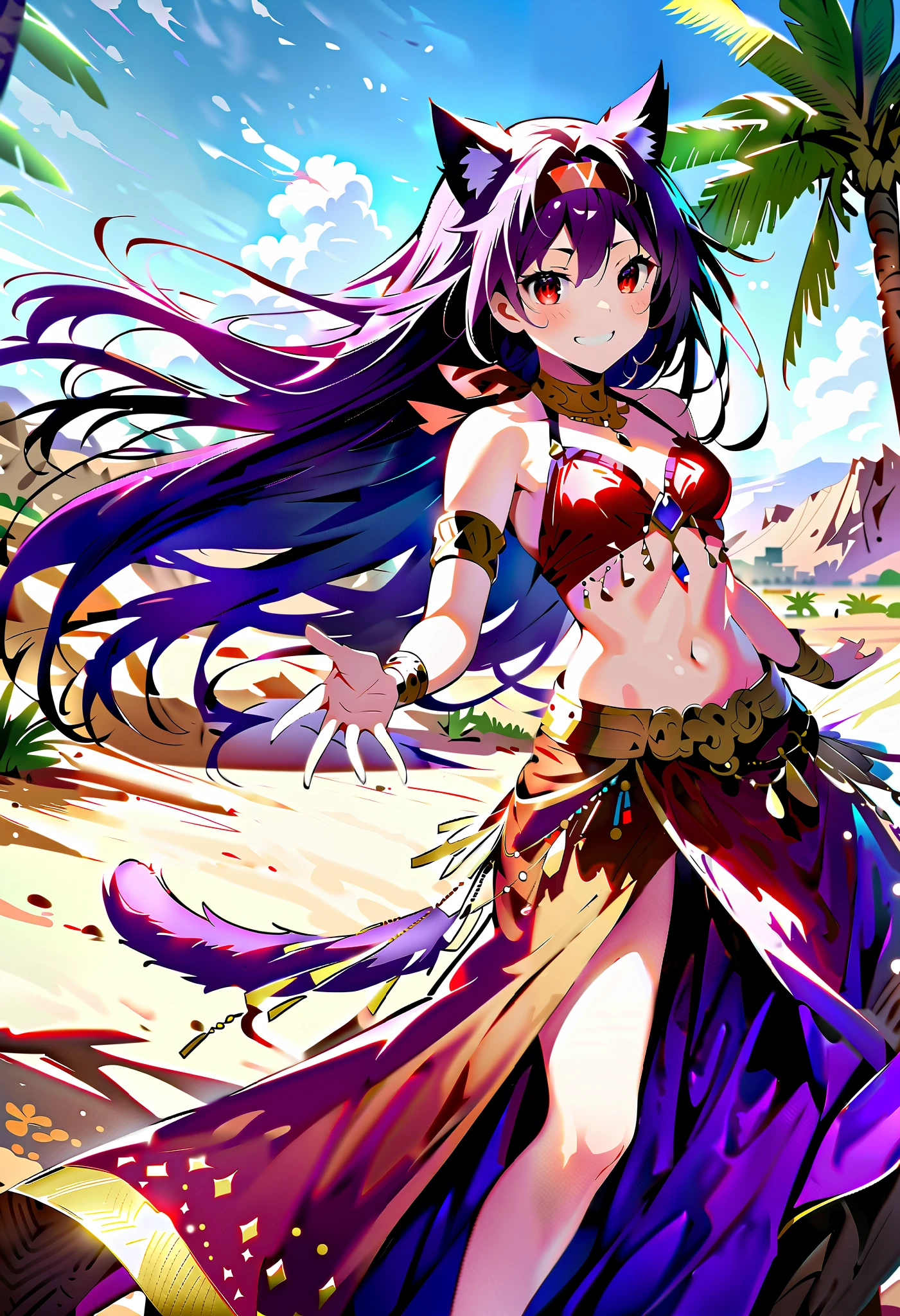 yuukikonno, Konno Yuuki,  Hair Band ,  long hair, Cat ears,Cat tail,  purple hair, ( Red Eyes:1.5), ( small breasts:1.2),smile,blush, grin , Arabian costume,  dancer, belly Dancing,  armlet, Bare legs, palm tree , water, Dancing,noon,whole bodyがイラストに入るように,
break looking at viewer,whole body,
break outdoors,  desert,oasis,
break (masterpiece:1.2),  best quality,  high resolution, unity 8k wallpaper, (figure:0.8), ( Beautiful, detailed eyes :1.6),   very detailed face ,  PERFECT LIGHTING ,   highly detailed CG, (perfect hand,  perfect anatomy),