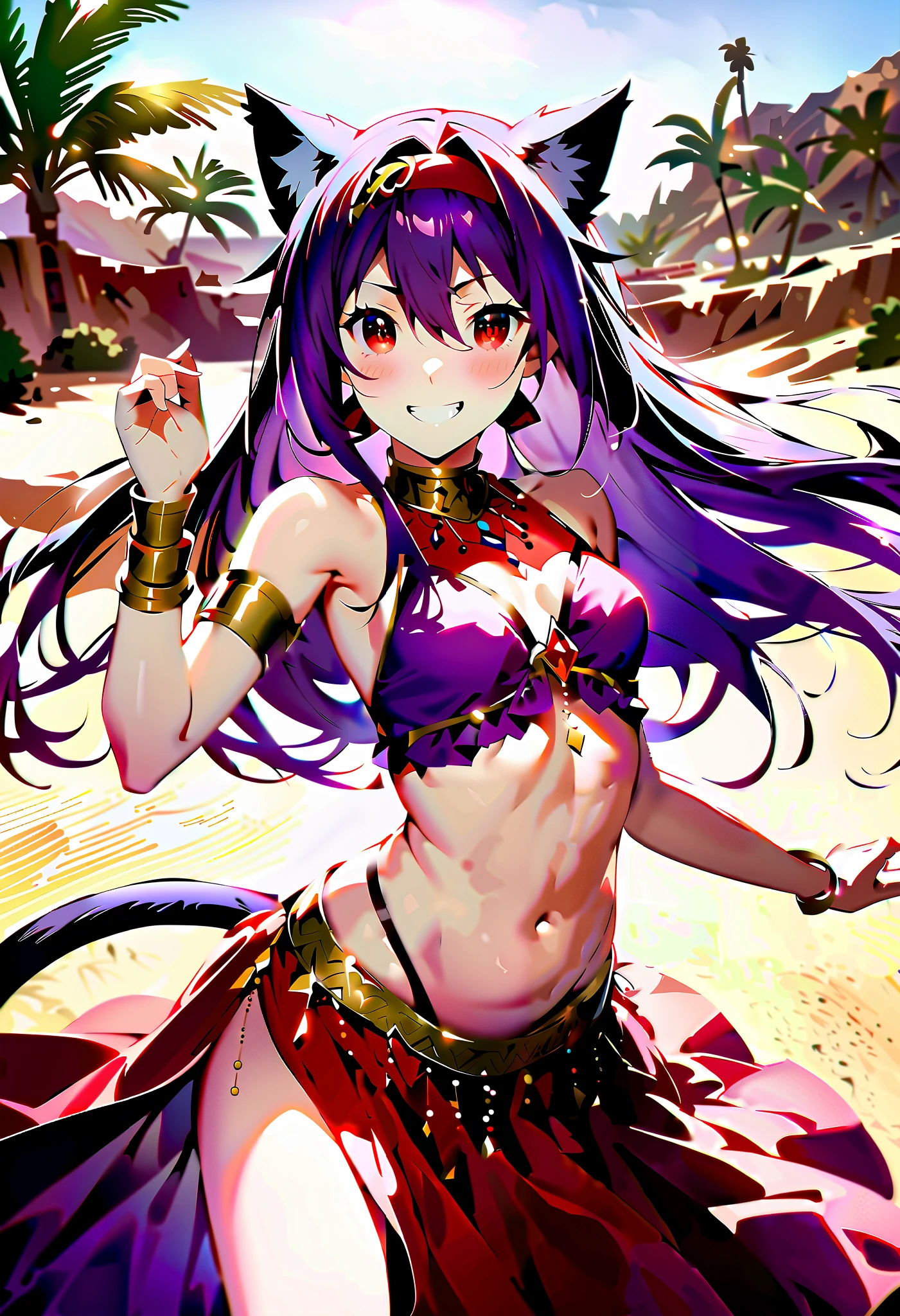 yuukikonno, Konno Yuuki, Hair Band , long hair, Cat ears,Cat tail, purple hair, ( Red Eyes:1.5), ( small breasts:1.2),smile,blush, grin , Arabian costume, dancer, belly Dancing, armlet, Bare legs, palm tree , water, Dancing,noon,whole bodyがイラストに入るように,
break looking at viewer,whole body,
break outdoors, desert,oasis,
break (masterpiece:1.2), best quality, high resolution, unity 8k wallpaper, (figure:0.8), ( Beautiful, detailed eyes :1.6), very detailed face , PERFECT LIGHTING , highly detailed CG, (perfect hand, perfect anatomy),