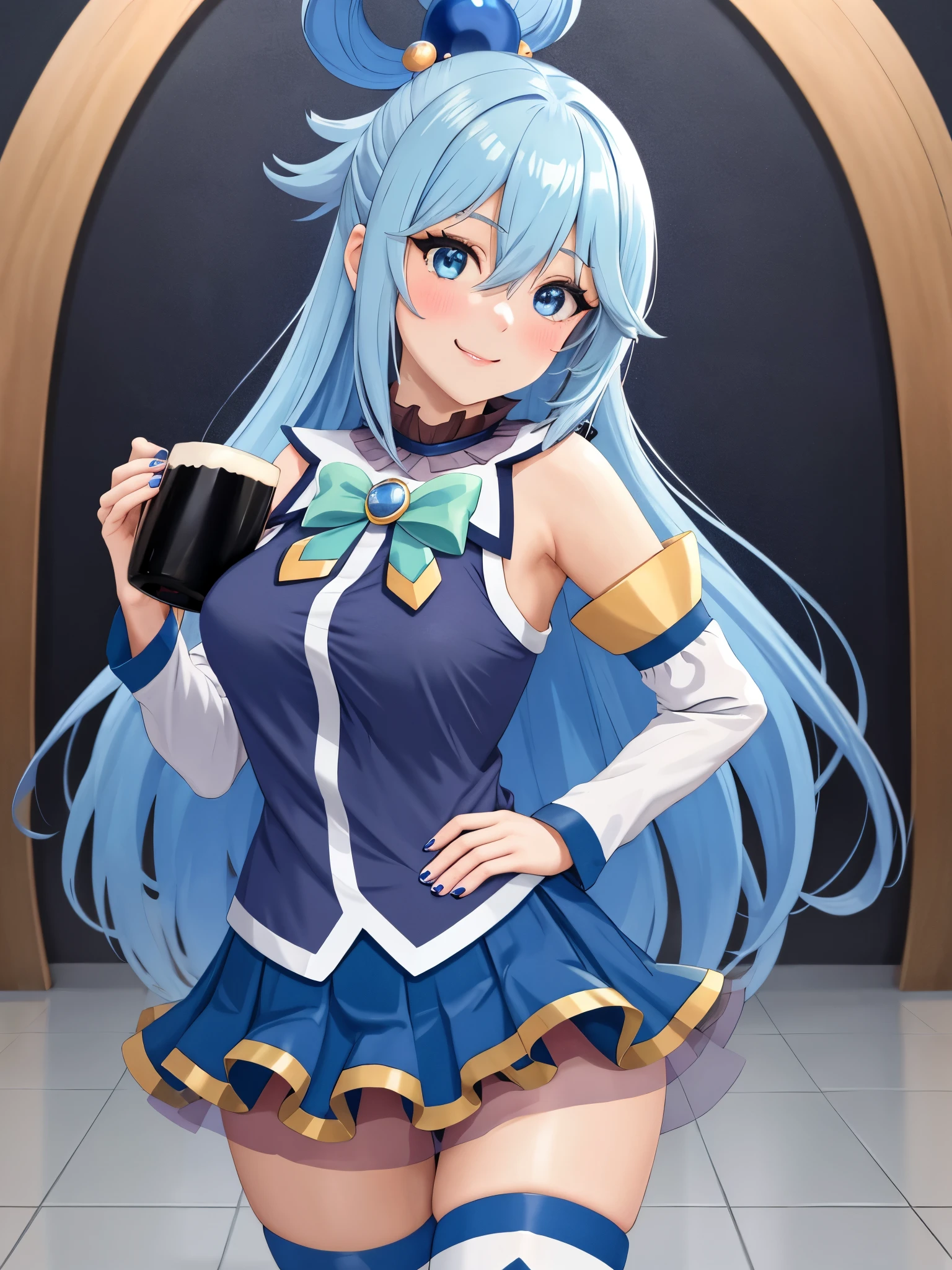 masterpiece, Highest quality, High resolution, Aqua, Long Hair, Blue Hair, Hair Ring, hair ornaments, choker, bare shoulders, Green ribbon, Blue Shirt, Removable sleeves, Blue Skirt, Knee socks, bar, Sitting, Holding a cup, Beer mug, smile, Open your mouth,Spreading her legs,Genitals are visible,