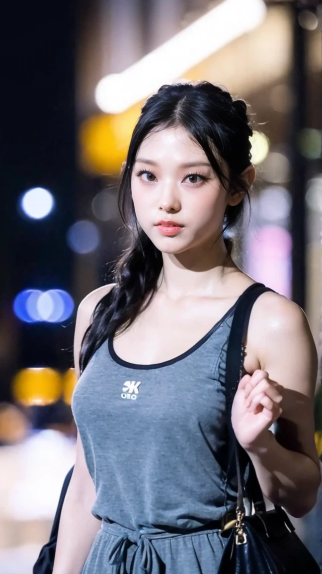 Top Quality, Masterpiece, High Resolution, 8k, (((cute skinny barely legal girl in oversized silk blouse and wetlook leggings, bare belly, wide neckline, deep neckline, small perky breasts, beautiful detailed eyes, beautiful detailed lips, small closed mouth, extremely detailed face, long ponytail hair, small hips))), cyberpunk apartment, moody atmosphere, dramatic and random neon colors, futuristic setting, intricate details, at night, backlit, full body shot, view from distance