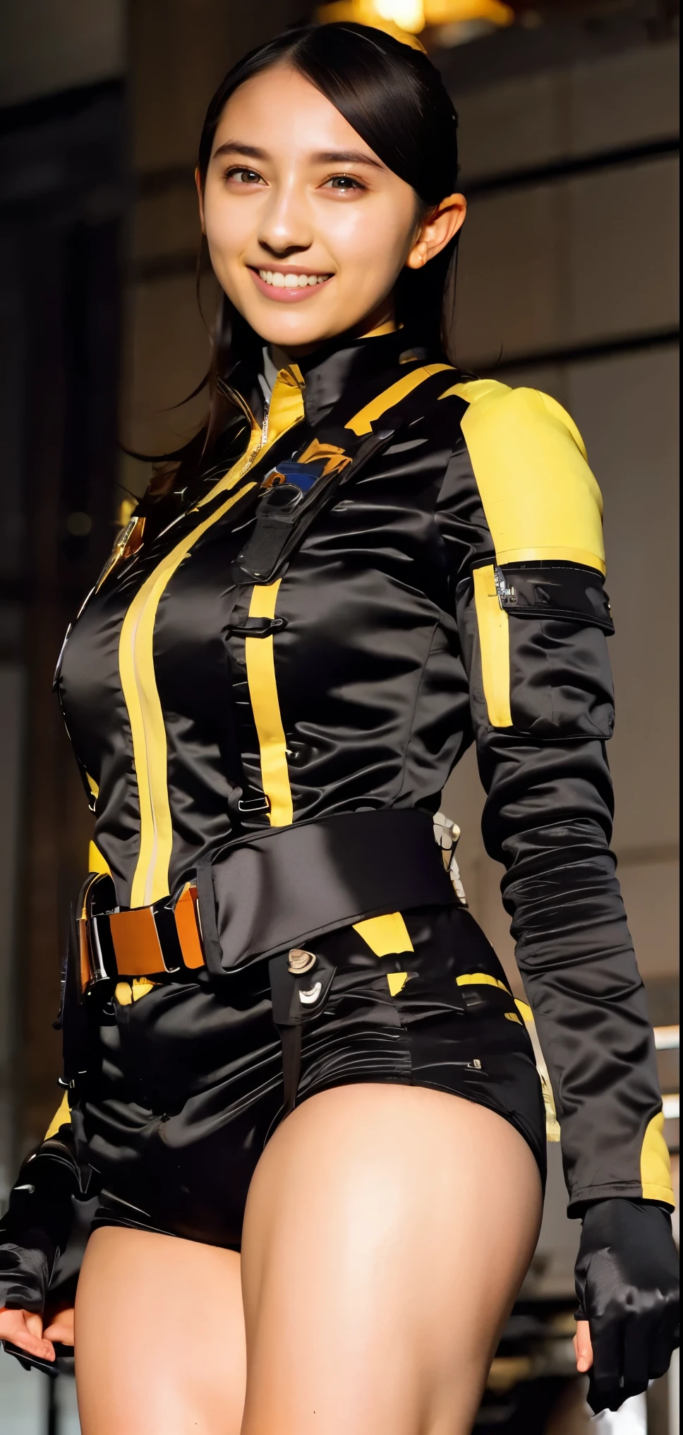 (Very real), (Best Quality), ((round, Small and precise face)), growing skin , growing skin , wide hips, healthy body,Yokozaki beauty々, black gloves,clock,iris,short Shorts ,black Shorts , Long Sleeve , jacket, Shorts , Blonde ,Big Breasts,Adult women, heavy bang, and smiles , her breasts are so big and plump ., You can tell the shape of your chest even through clothes,The clothes are perfect for the body ,The harness has straps on the sides that tie around the chest