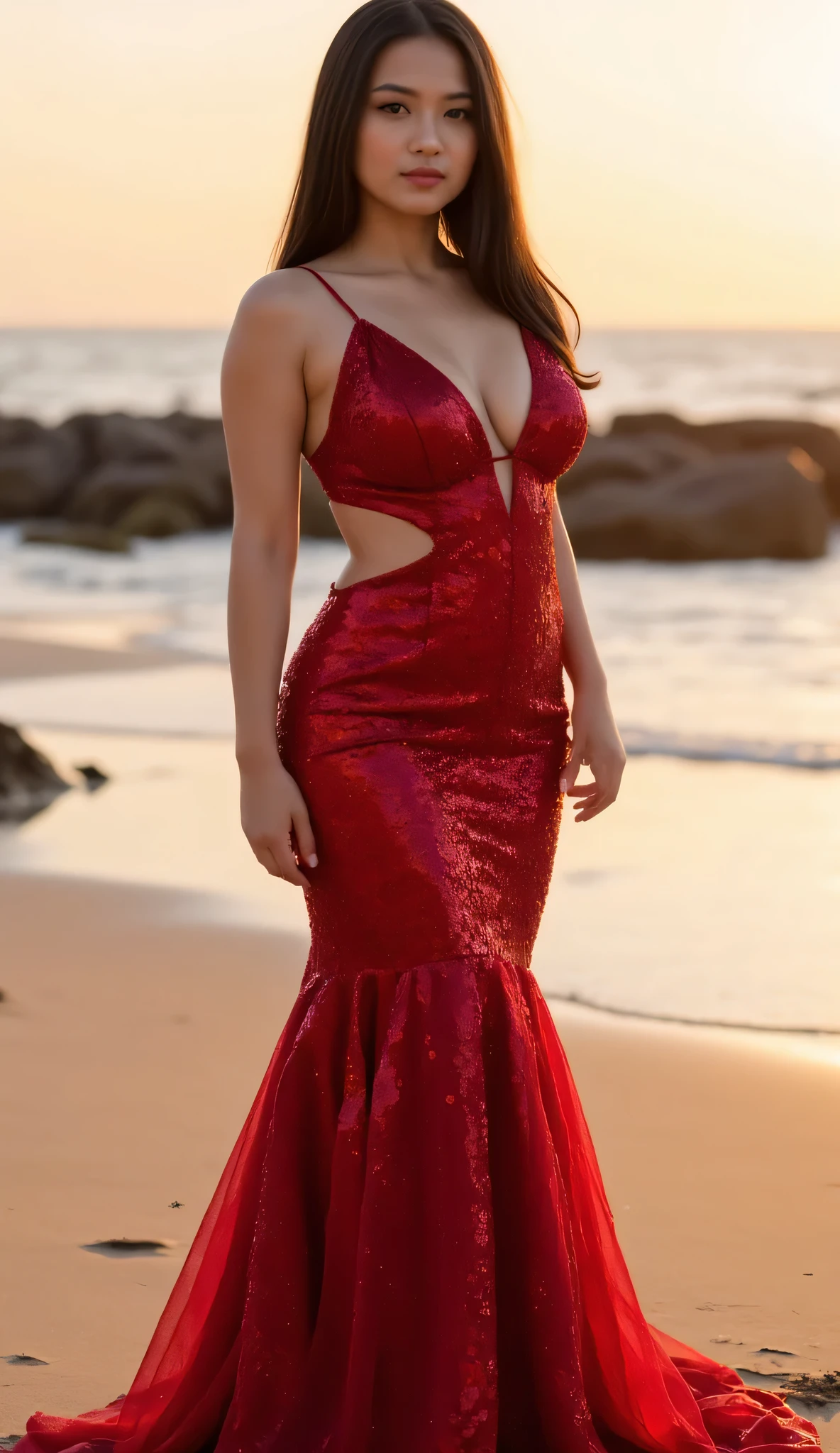 1 girl, realistic Indonesian girl 25 yeard old full body, long black hair, big breast 2.0, curvy body, slim waist, perfect body, bubble buttock, ((Realistic)),Extremely detailed skin, extremly, Clear Focus, woman hugging red gown sequins cascades down the model's body, featuring a deep V-neckline and an open back, The gown has a mermaid silhouette, standing in the beach with beautyfull sunset light, realistic face, best detailed.
