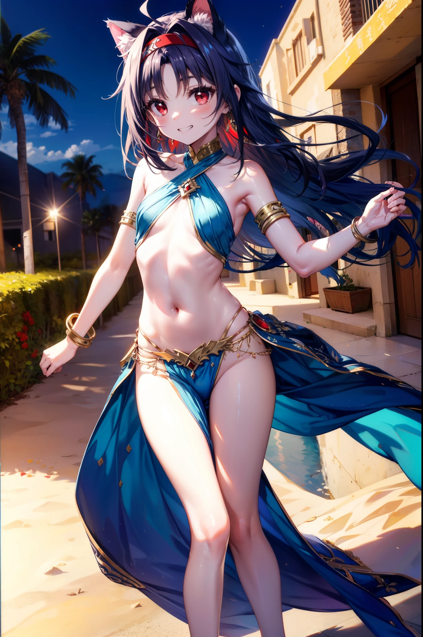 Cute girl, wearing a long galabiya, djellaba, Blue hair, Adult girl, sexy, Ornate Arabic galabiya